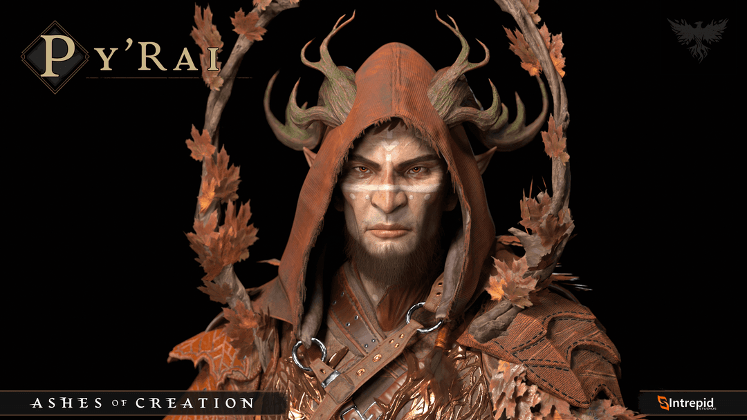 A headshot image of a male Py’Rai wearing ornate leaf-like armor.