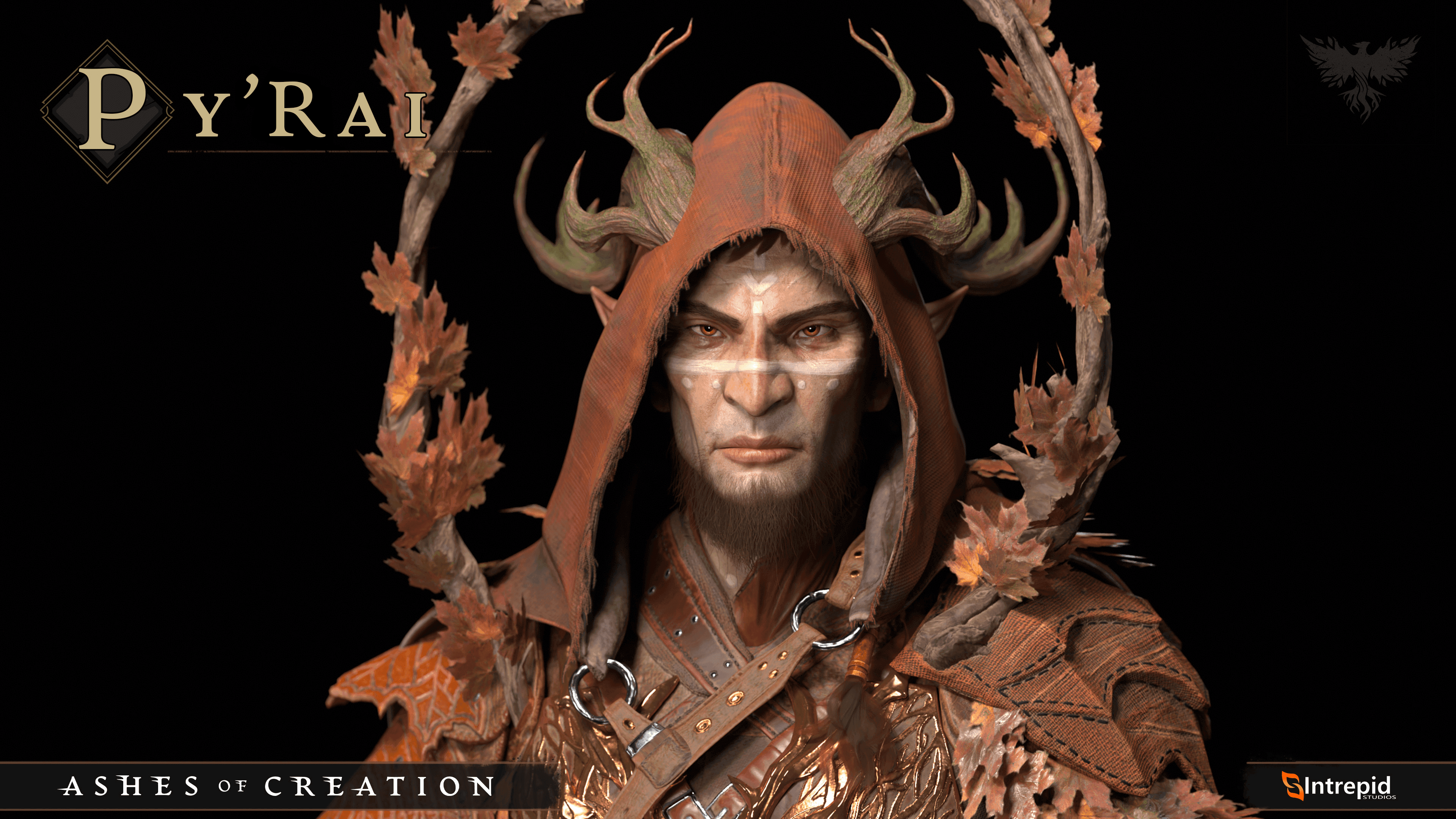 A headshot image of a male Py’Rai wearing ornate leaf-like armor.