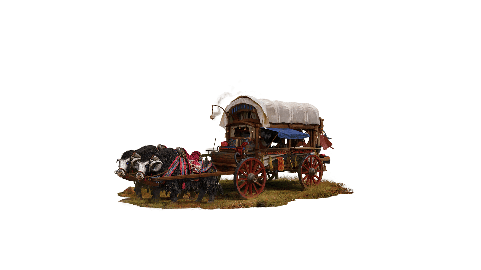 A covered wagon with bells and Tibetan style décor and giant red wooden wheels moves over a grassy plot being pulled by two waxwood ewes