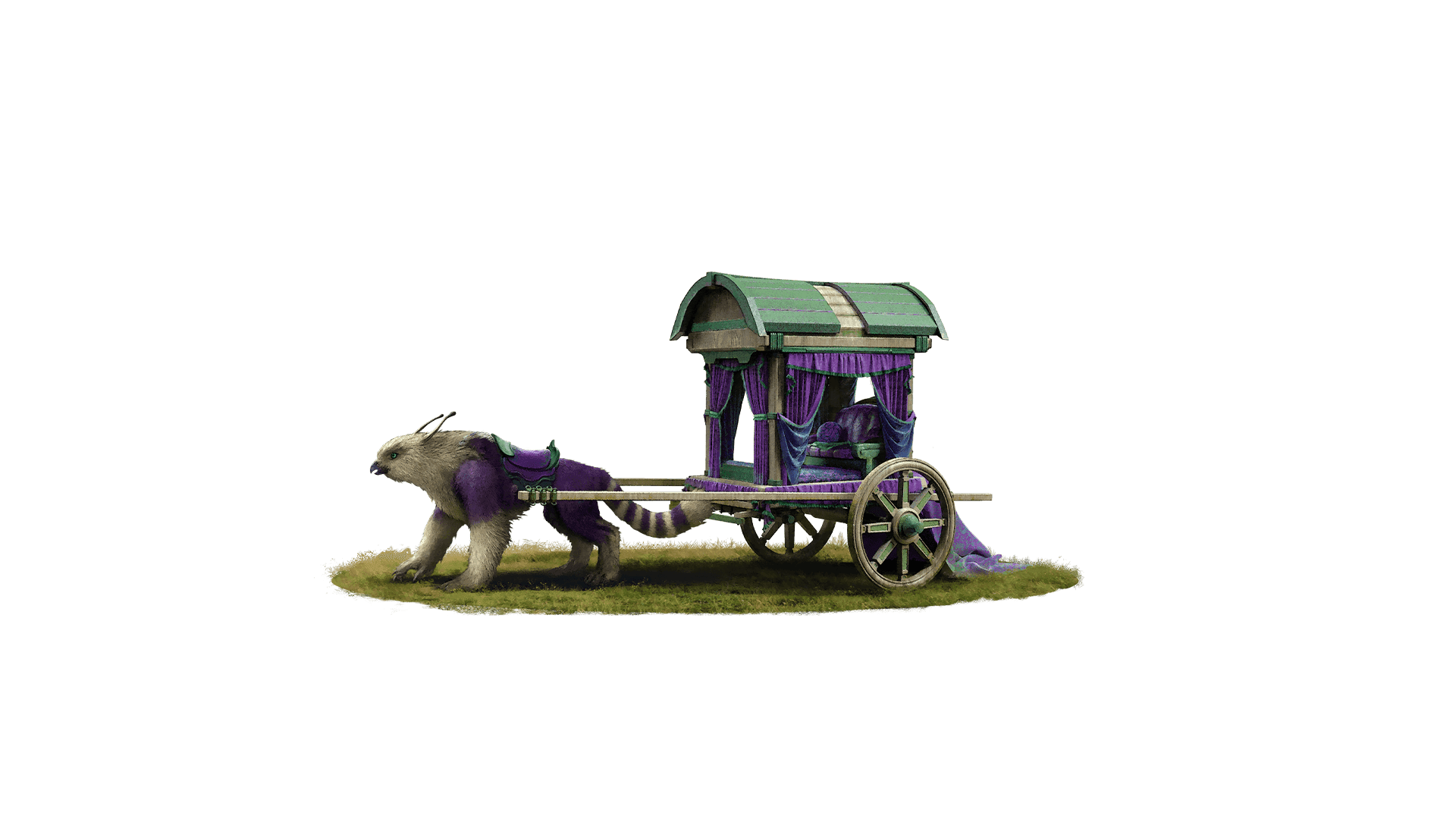 A two wheeled cart made of green and white wood and decorated with elegant purple cloth. This cart is pulled by a giant purple and white creature