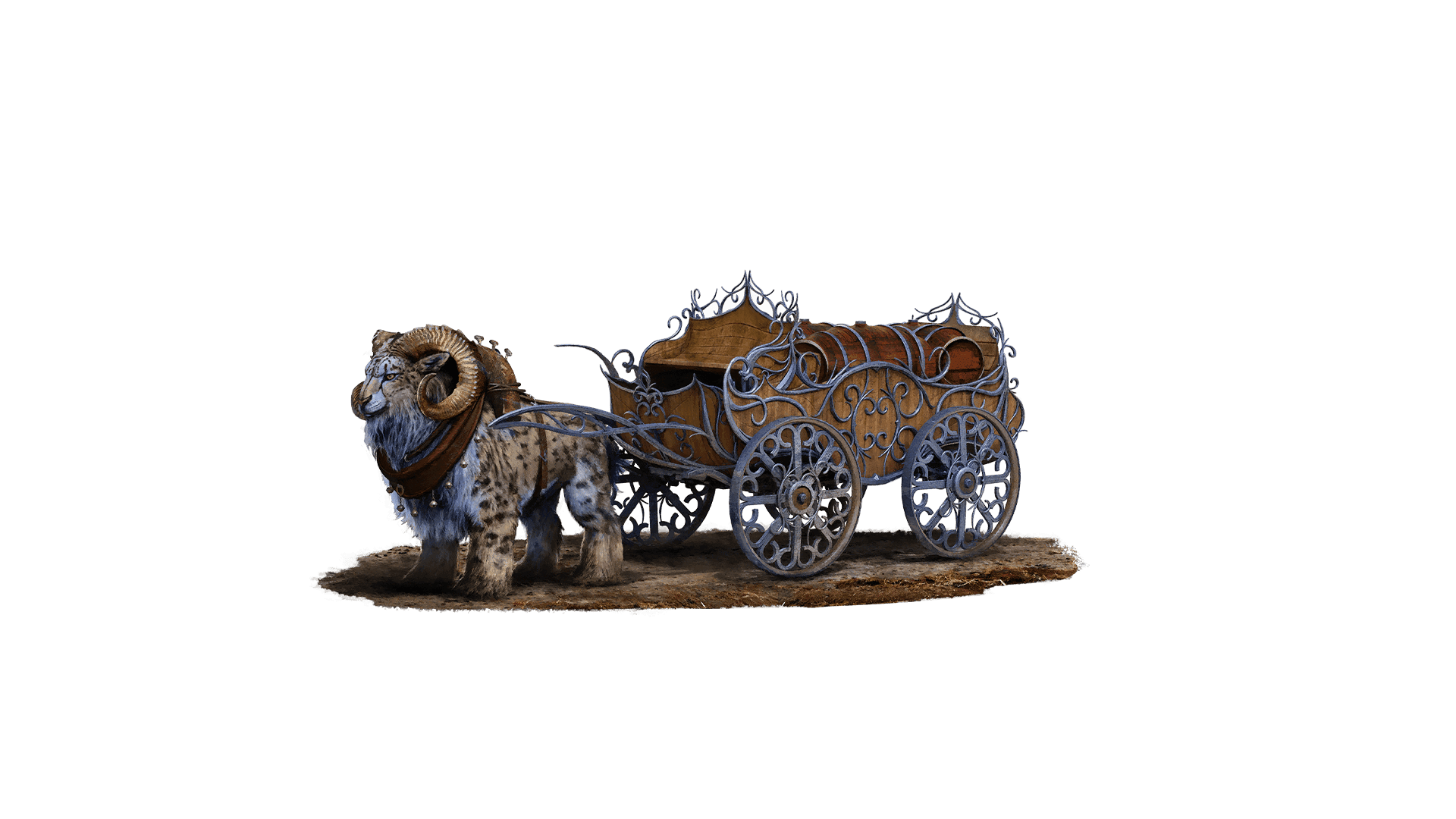 Elegant wooden cart with iron embellishments resembling foliage. The cart sits upon giant iron wheels and is pulled by a saberfang hauler