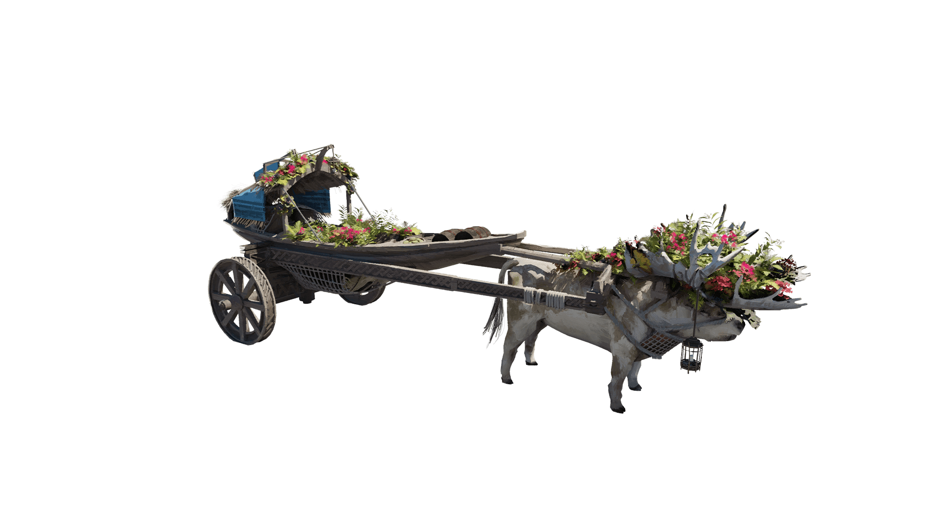 A boat like carriage on two wooden wheels is decorated with blue cloth, wicker, green and pink flowers is pulled by a single cow with deer horns adorned with the same purple and green flowers.