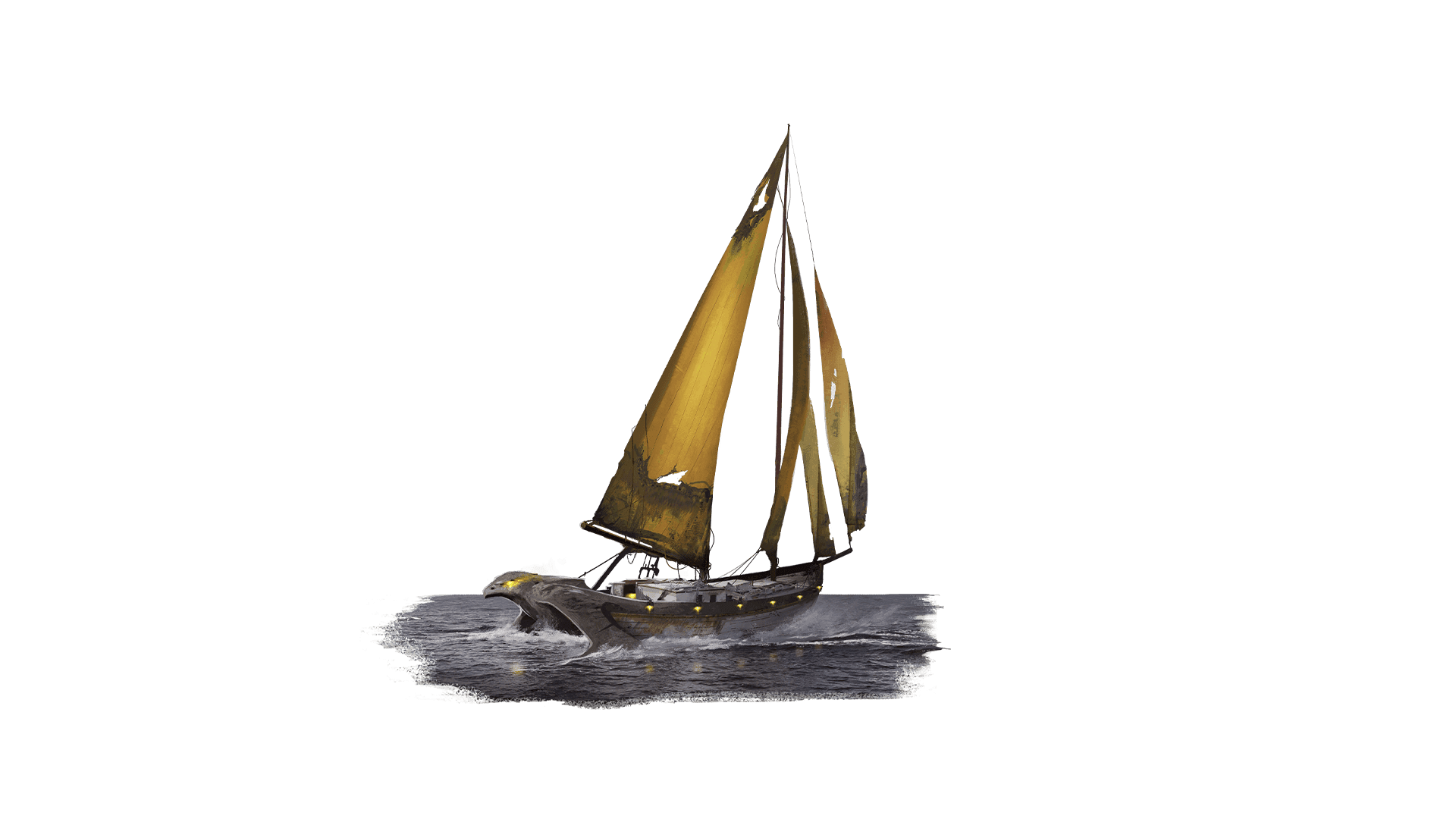 A ship with two ripped yellow sails and a figurehead of a bird with glowing yellow eyes.
