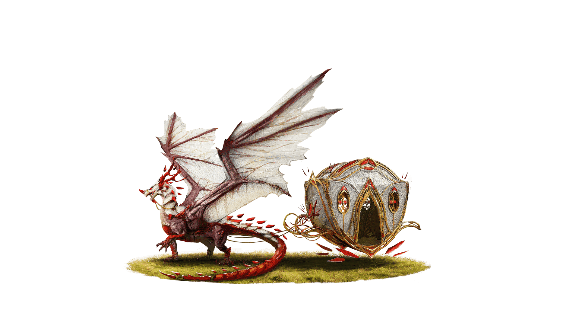 A tulip shaped carriage with golden trim and ruby red embellishments floats above a patch of grass and is pulled by a red and white dragon