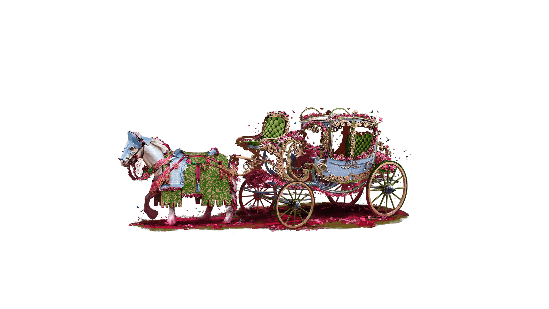 An elegant horse and carriage in a delightful pink petals and green velvet theme, capturing a moment of classic beauty and grace.