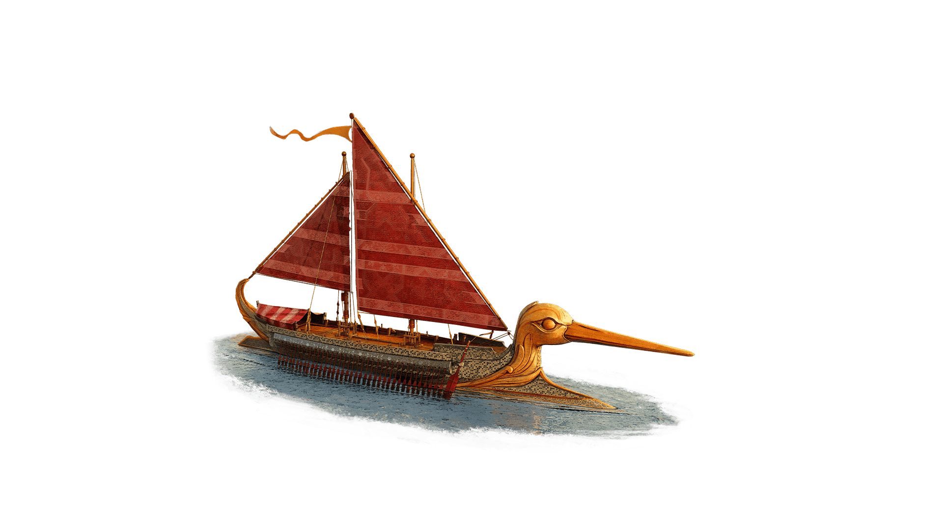 A charming Shimir sailboat featuring a bright red sail navigates the serene waters, embodying a sense of adventure.