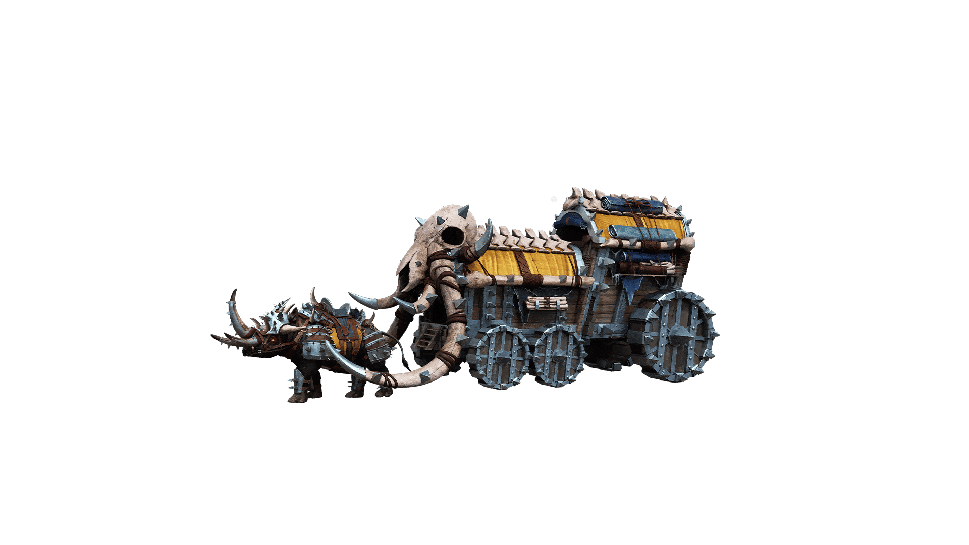 Giant wooden wagon covered in metal spikes has a mammoths skeleton placed on top of it. This wagon is being pulled by a single duskthunder rhino.