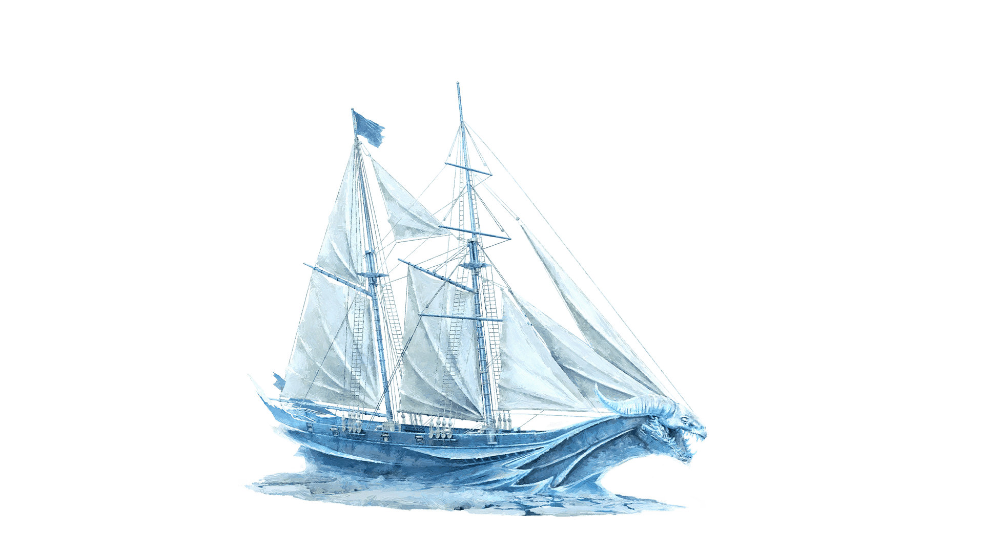 A ship made of ice and multiple white sails looks stuck in the frozen ice. The bow of the ship has a dragon figurehead with sharp teeth and horns carved into it