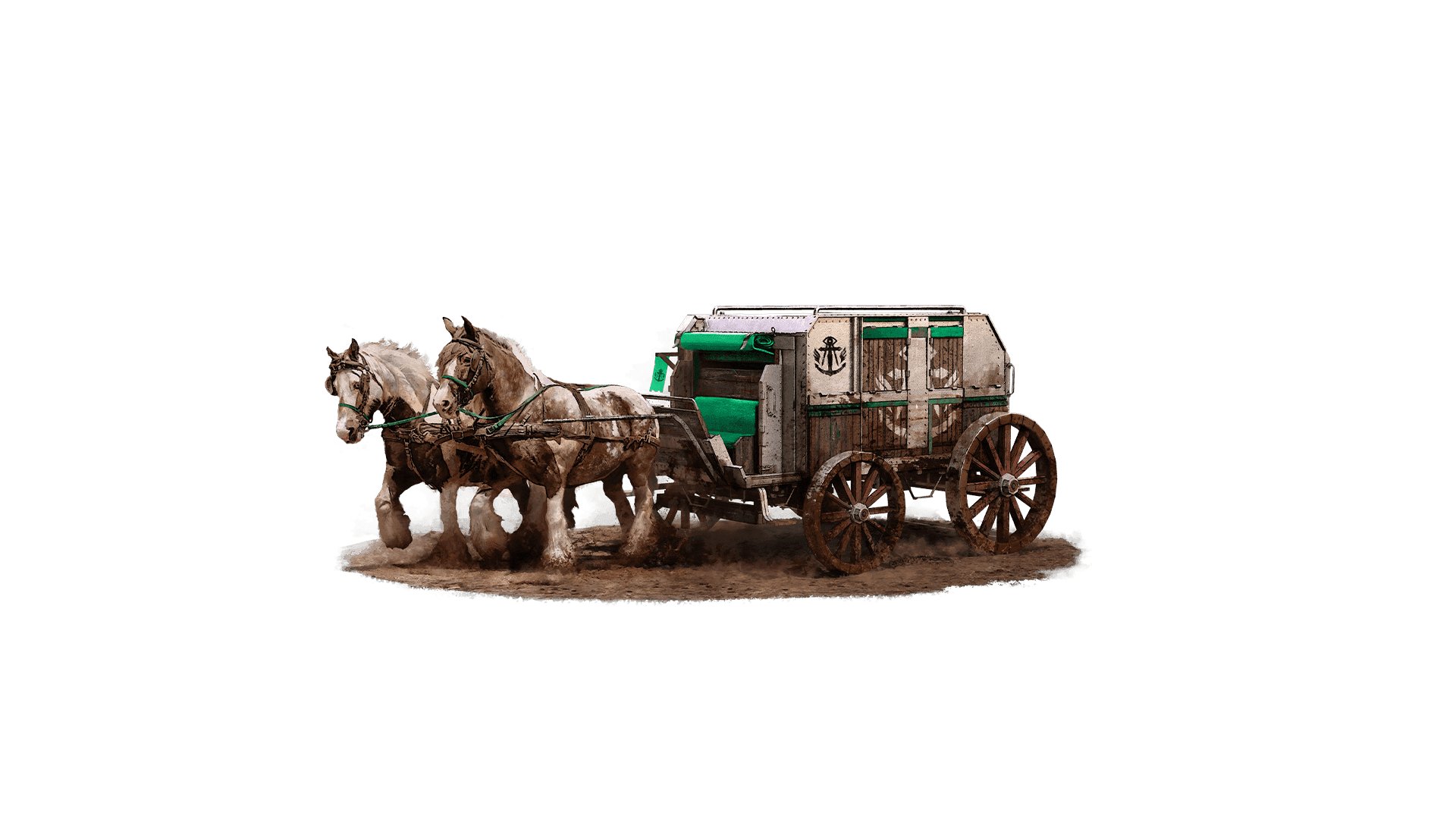 A fortress of a wagon that is cream, green, and wooden being pulled by two clandestine looking horses