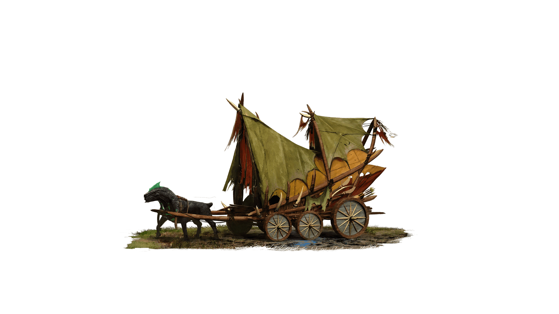 A double cabin covered wagon with green tarps and bones protruding out of the side. The wagon has 6 wooden wheels and is pulled by a creature.