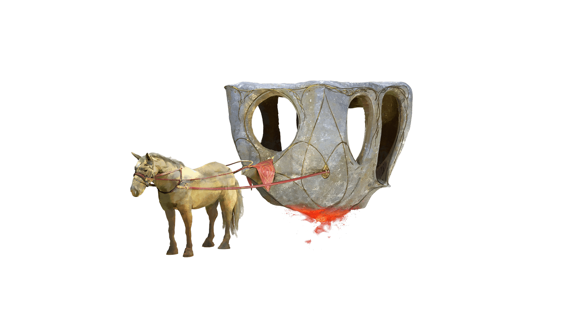 A hollowed out rock carriage hovers with flames below it. The carriage is attached to one tan colored horse.