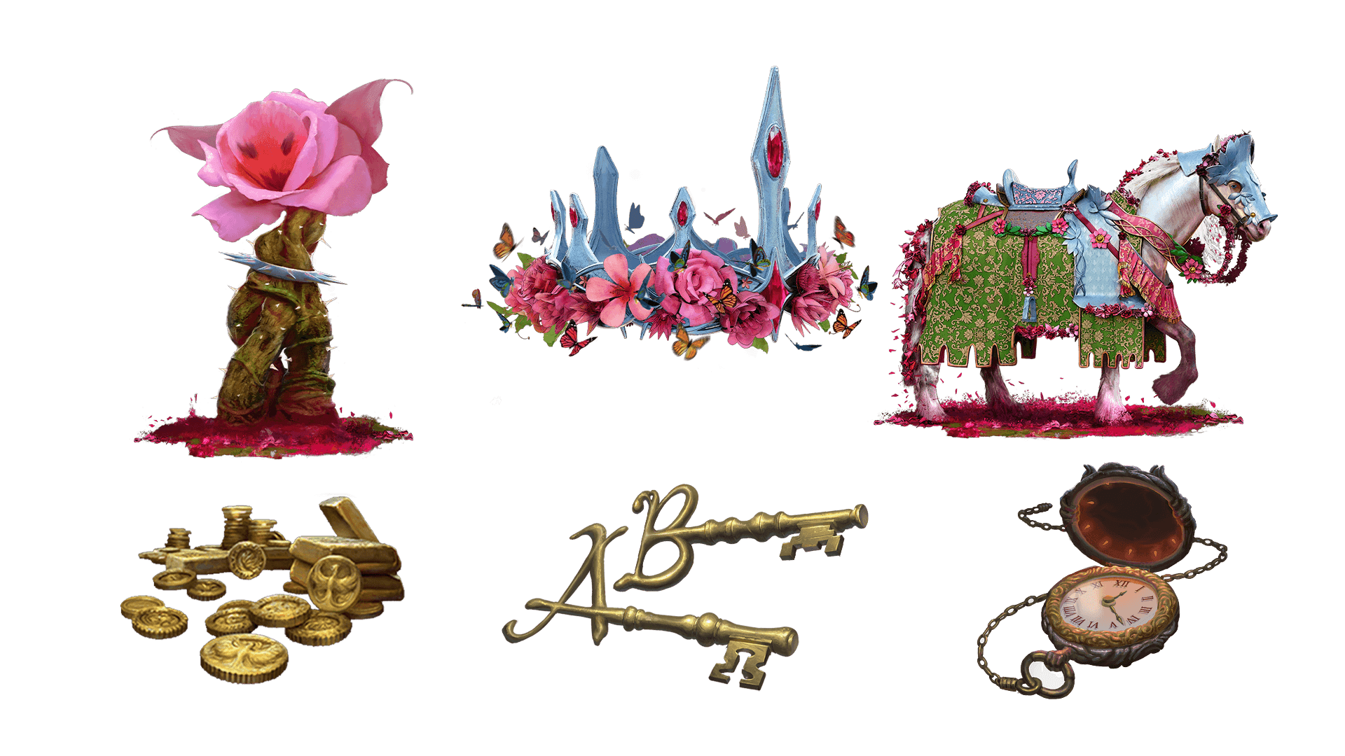 6 images of items included in the voyager pre-order package. A pocket watch for game time, a coin for embers, a key for game access, the accessory, the pet, and mount