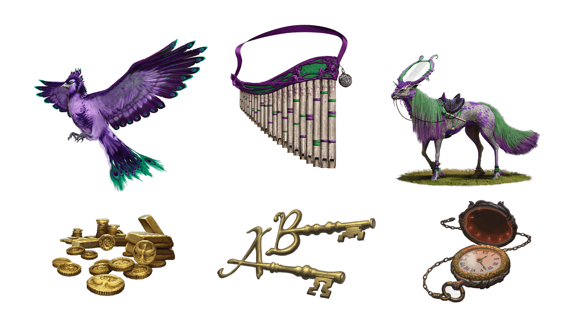 6 images of items included in the voyager pre-order package. A pocket watch for game time, a coin for embers, a key for game access, the accessory, the pet, and mount