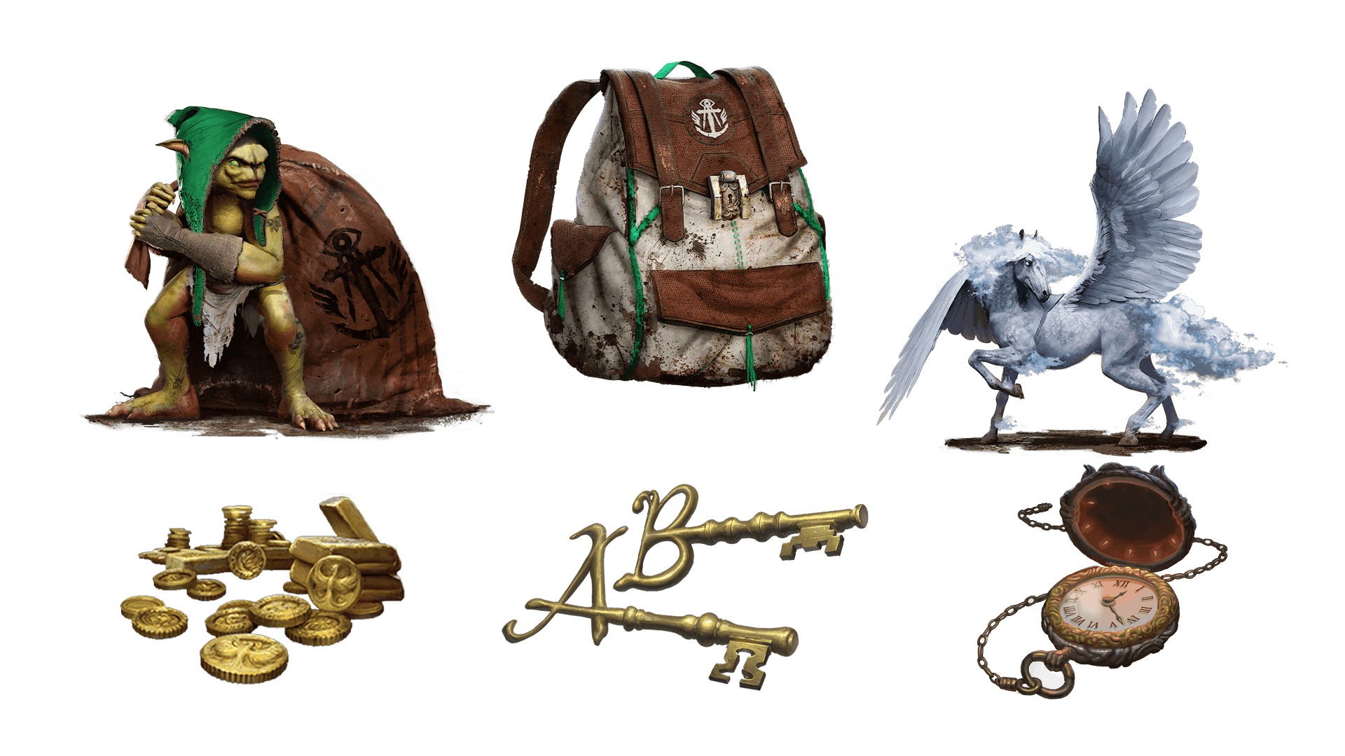 6 images of items included in the voyager pre-order package. A pocket watch for game time, a coin for embers, a key for game access, the accessory, the pet, and mount