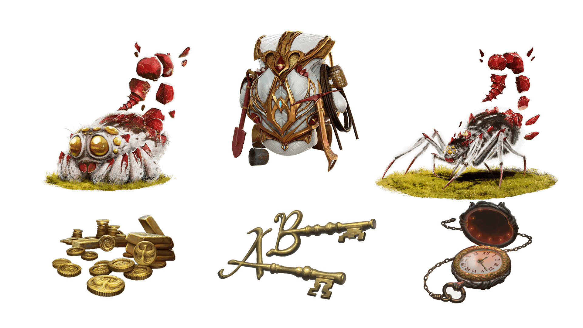 6 images of items included in the voyager pre-order package. A pocket watch for game time, a coin for embers, a key for game access, the accessory, the pet, and mount