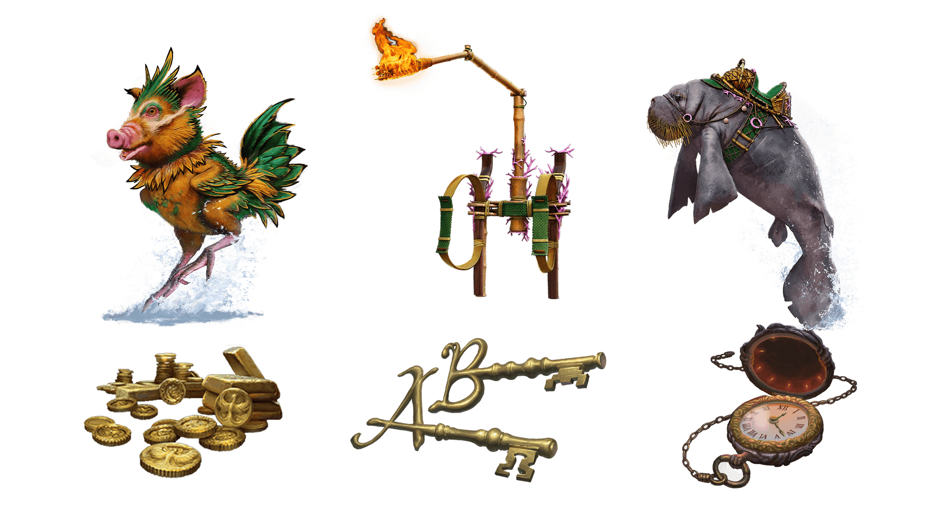 6 images of items included in the voyager pre-order package. A pocket watch for game time, a coin for embers, a key for game access, the accessory, the pet, and mount
