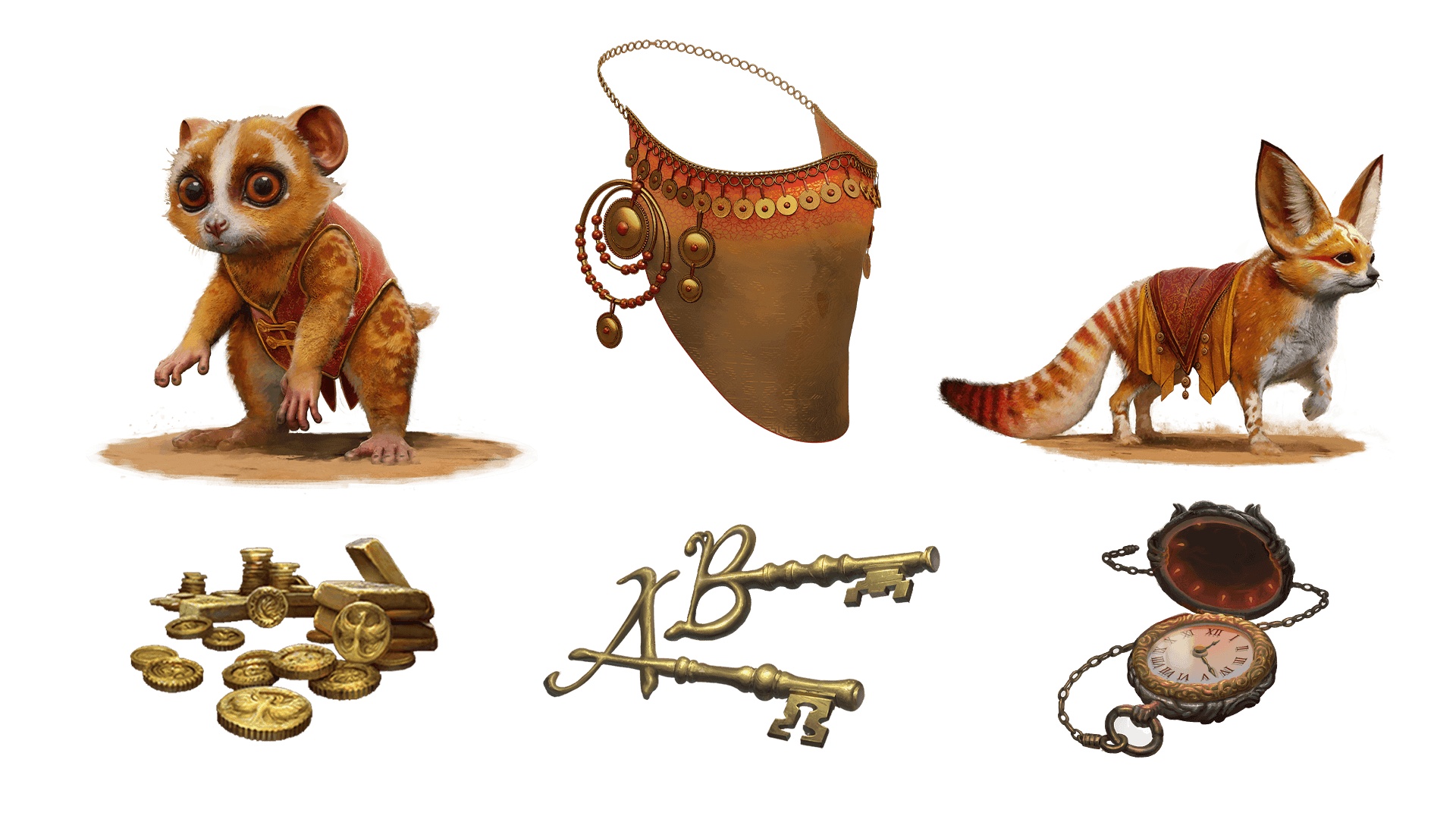 6 images of items included in the voyager pre-order package. A pocket watch for game time, a coin for embers, a key for game access, the accessory, the pet, and mount