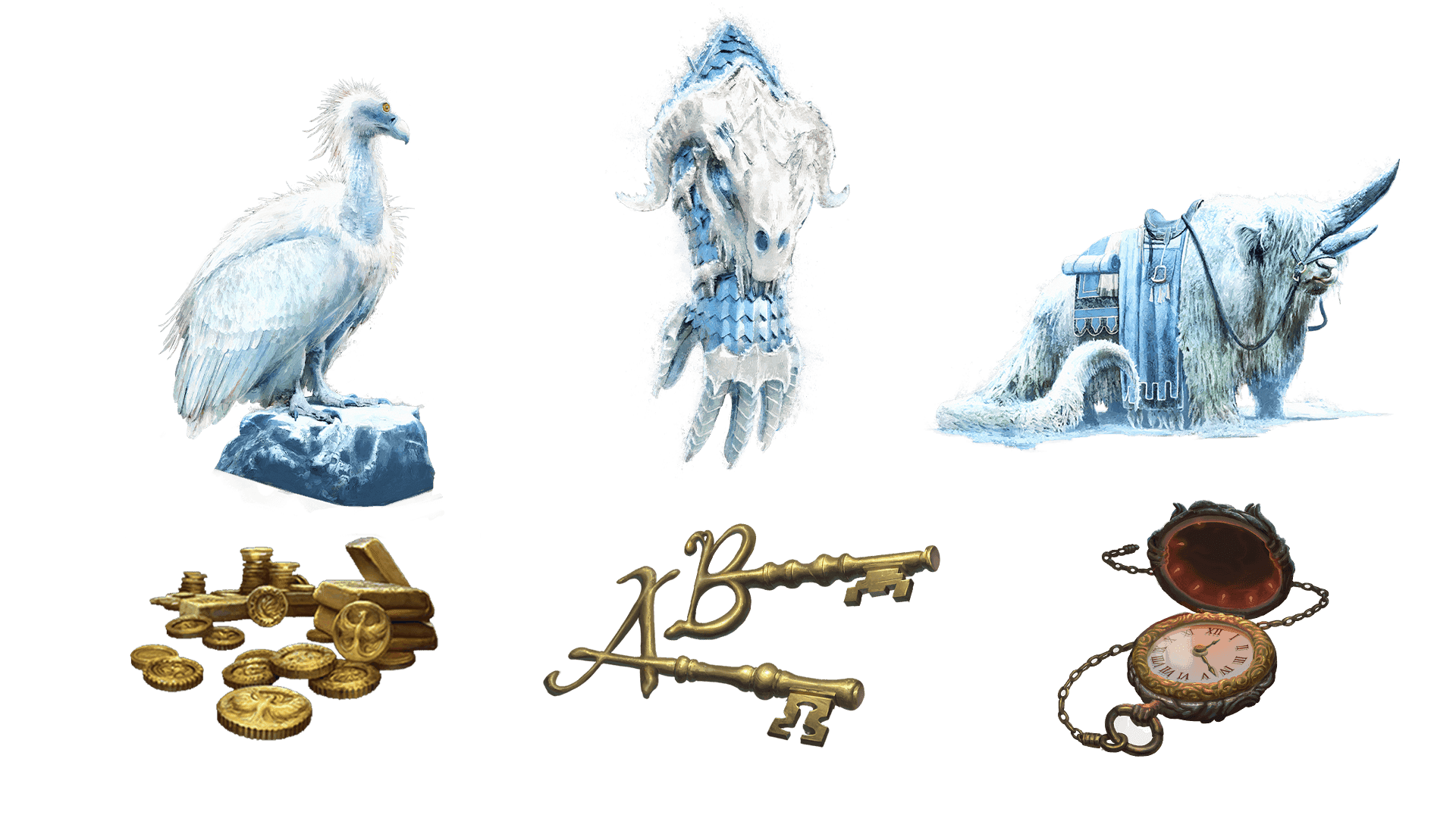 6 images of items included in the voyager pre-order package. A pocket watch for game time, a coin for embers, a key for game access, the accessory, the pet, and mount