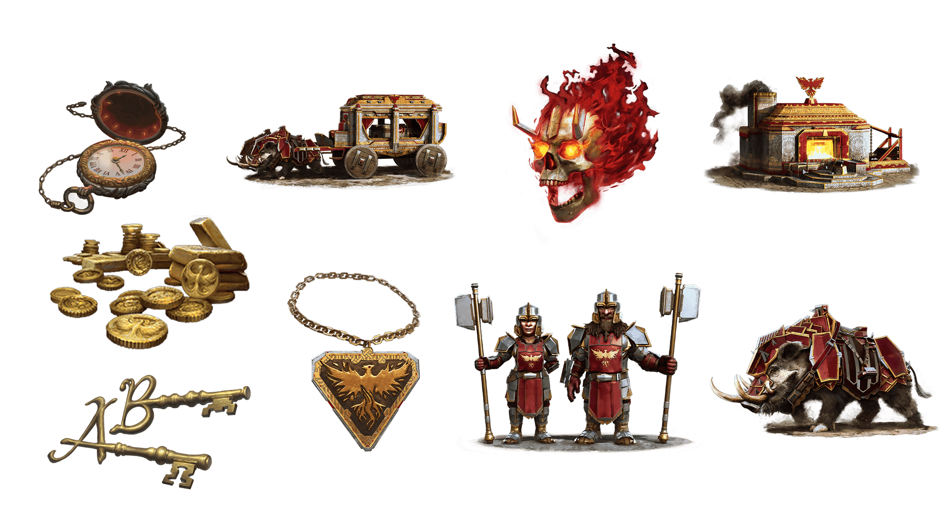 9 images of items included in the voyager plus pre-order package. A pocket watch for game time, a coin for embers, a key for game access, the accessory, the pet, mount, costume, caravan, and freehold