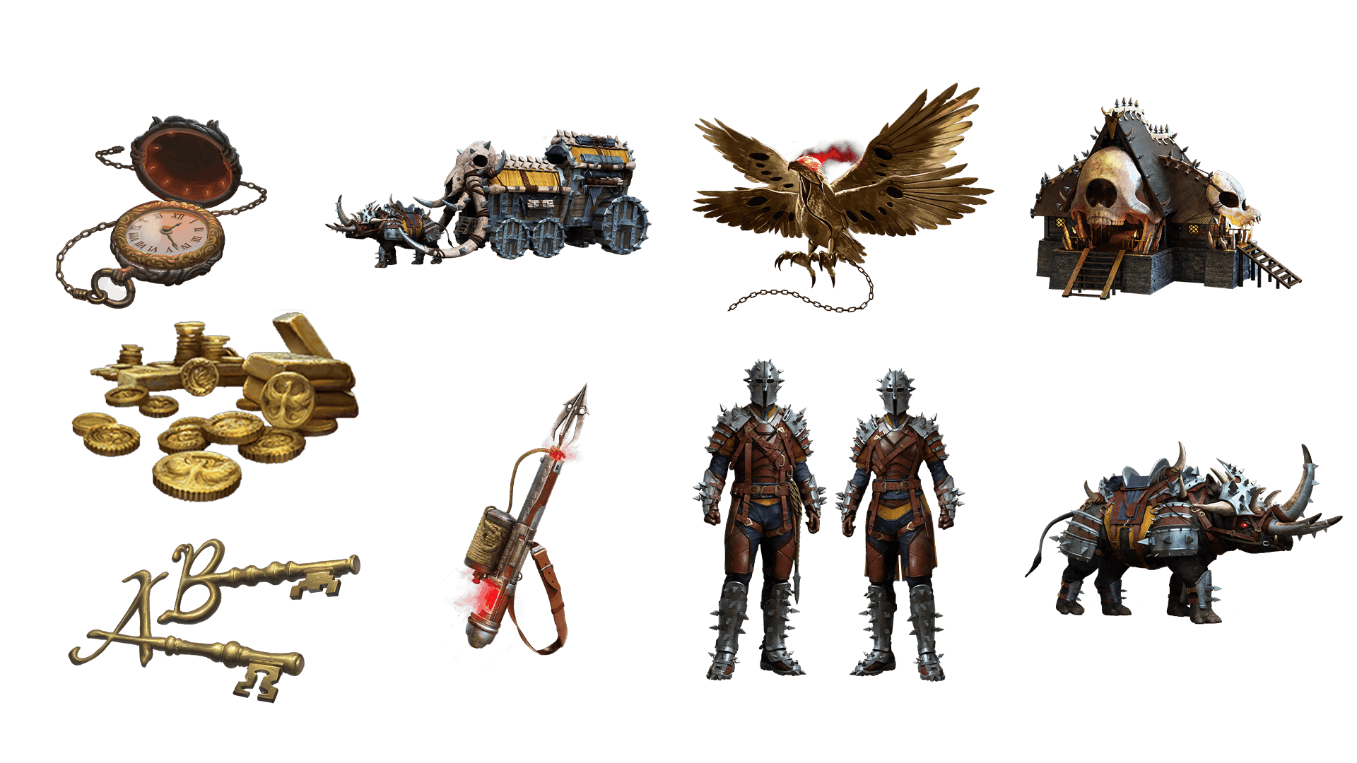 9 images of items included in the voyager plus pre-order package. A pocket watch for game time, a coin for embers, a key for game access, the accessory, the pet, mount, costume, caravan, and freehold