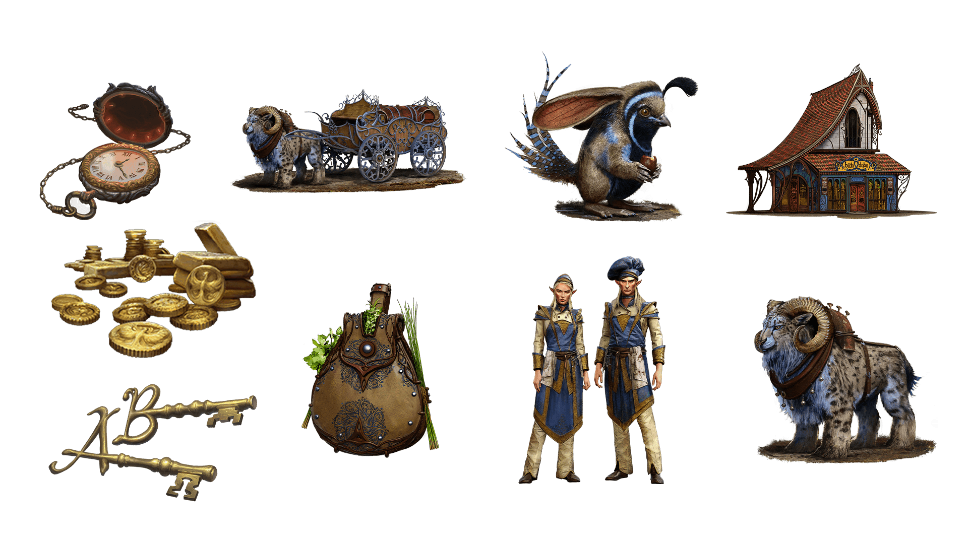 9 images of items included in the voyager plus pre-order package. A pocket watch for game time, a coin for embers, a key for game access, the accessory, the pet, mount, costume, caravan, and freehold