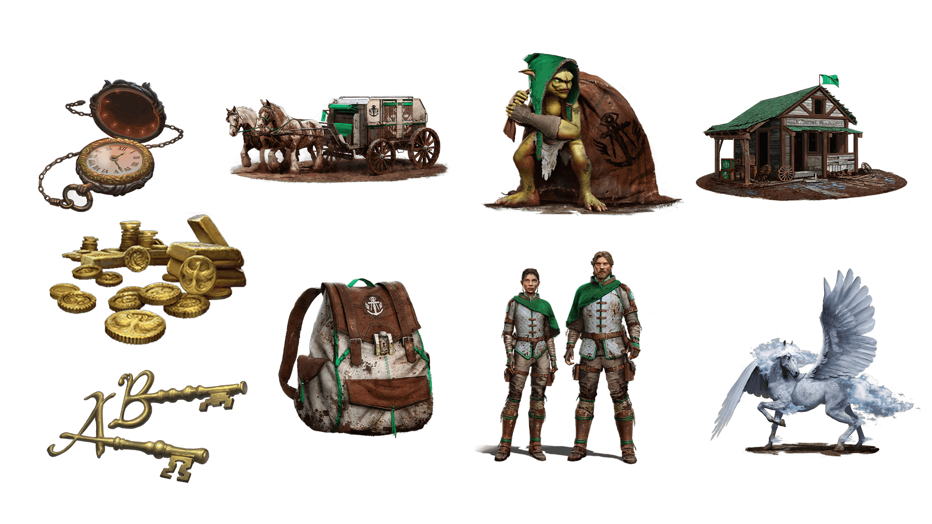 9 images of items included in the voyager plus pre-order package. A pocket watch for game time, a coin for embers, a key for game access, the accessory, the pet, mount, costume, caravan, and freehold