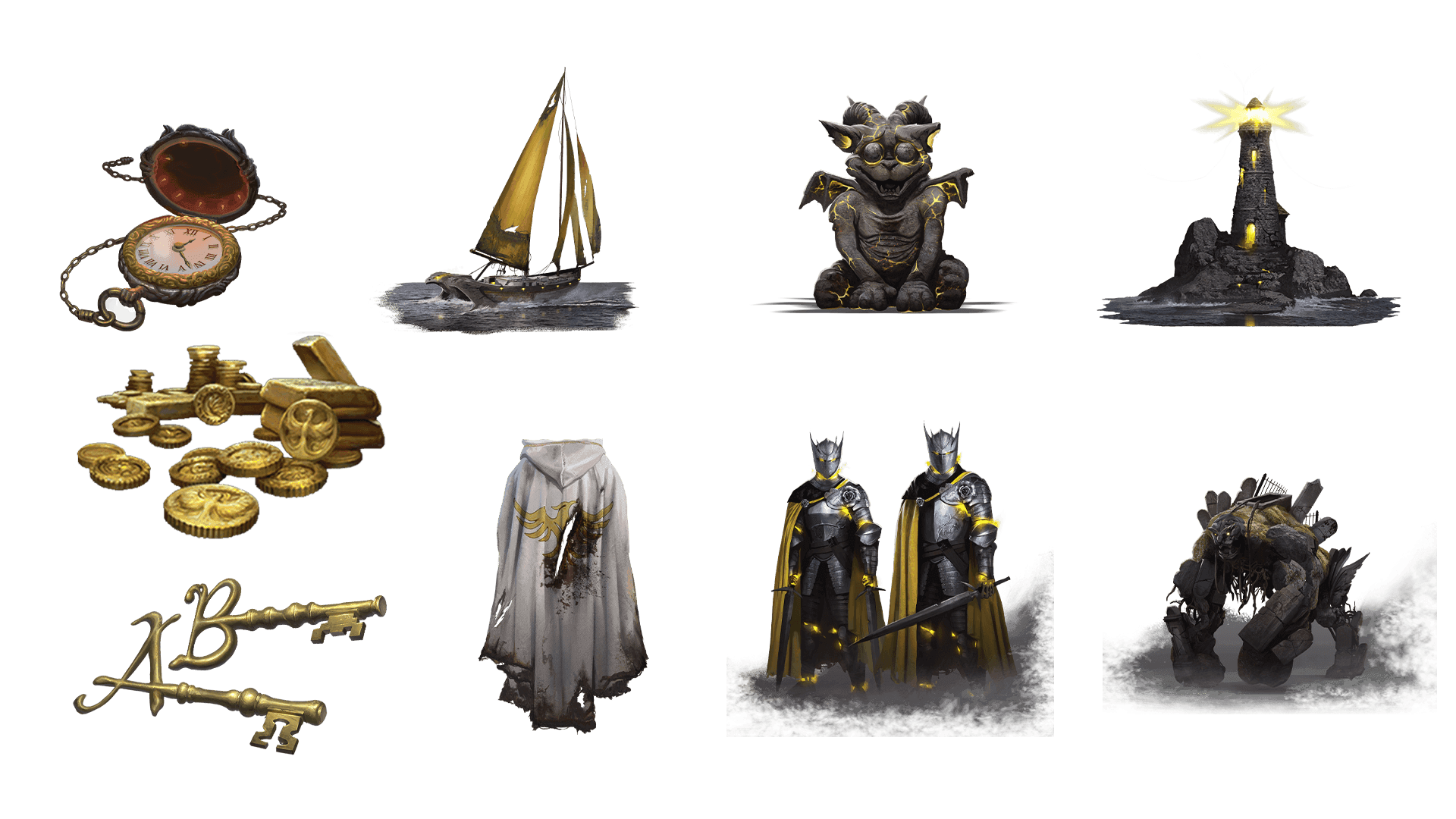9 images of items included in the voyager plus pre-order package. A pocket watch for game time, a coin for embers, a key for game access, the accessory, the pet, mount, costume, caravan, and freehold