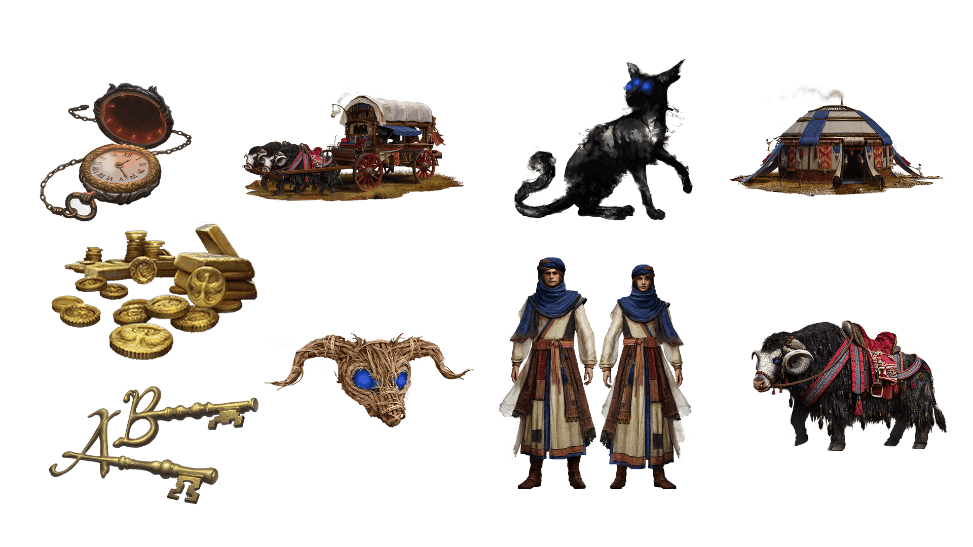 9 images of items included in the voyager plus pre-order package. A pocket watch for game time, a coin for embers, a key for game access, the accessory, the pet, mount, costume, caravan, and freehold