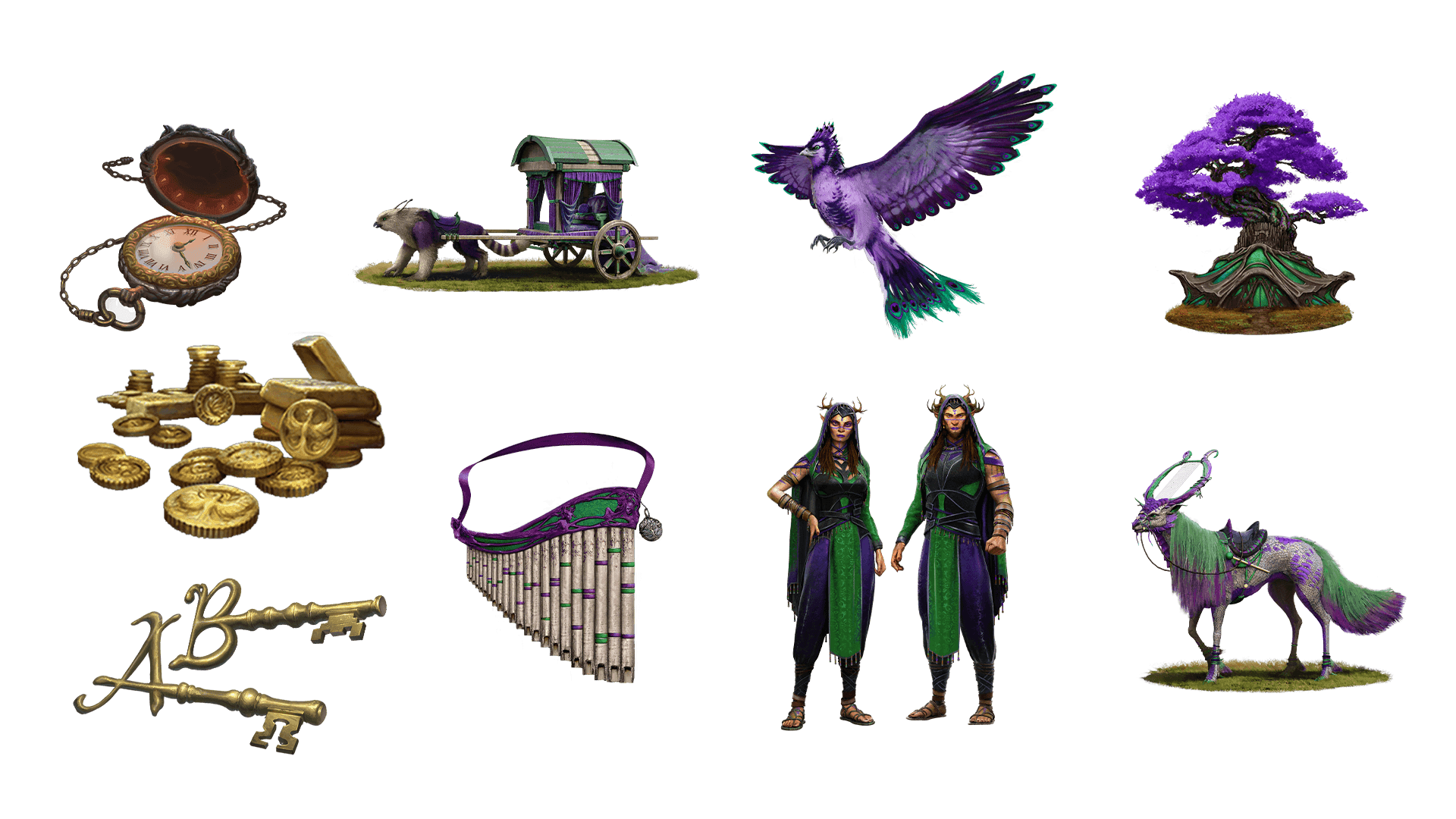 9 images of items included in the voyager plus pre-order package. A pocket watch for game time, a coin for embers, a key for game access, the accessory, the pet, mount, costume, caravan, and freehold