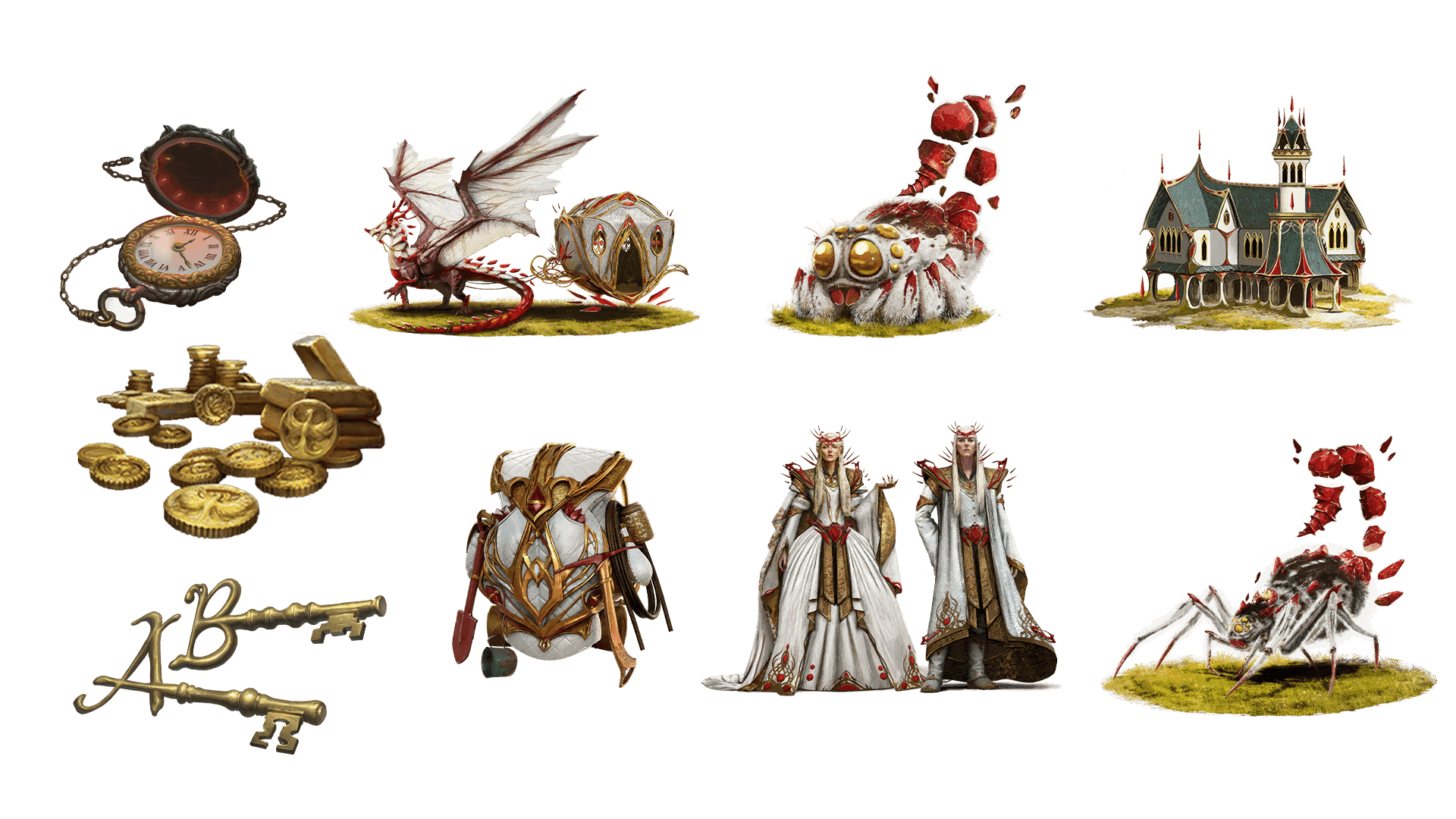 9 images of items included in the voyager plus pre-order package. A pocket watch for game time, a coin for embers, a key for game access, the accessory, the pet, mount, costume, caravan, and freehold