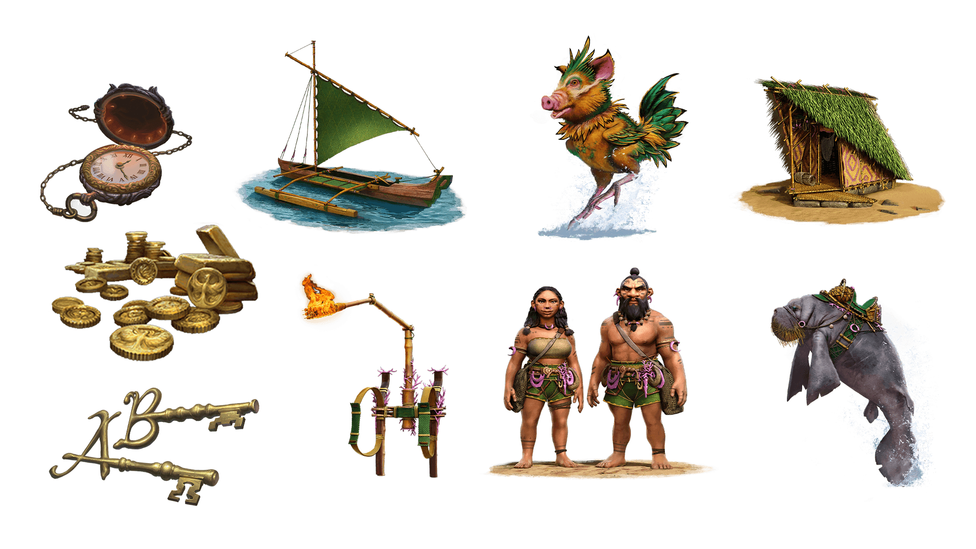 9 images of items included in the voyager plus pre-order package. A pocket watch for game time, a coin for embers, a key for game access, the accessory, the pet, mount, costume, caravan, and freehold