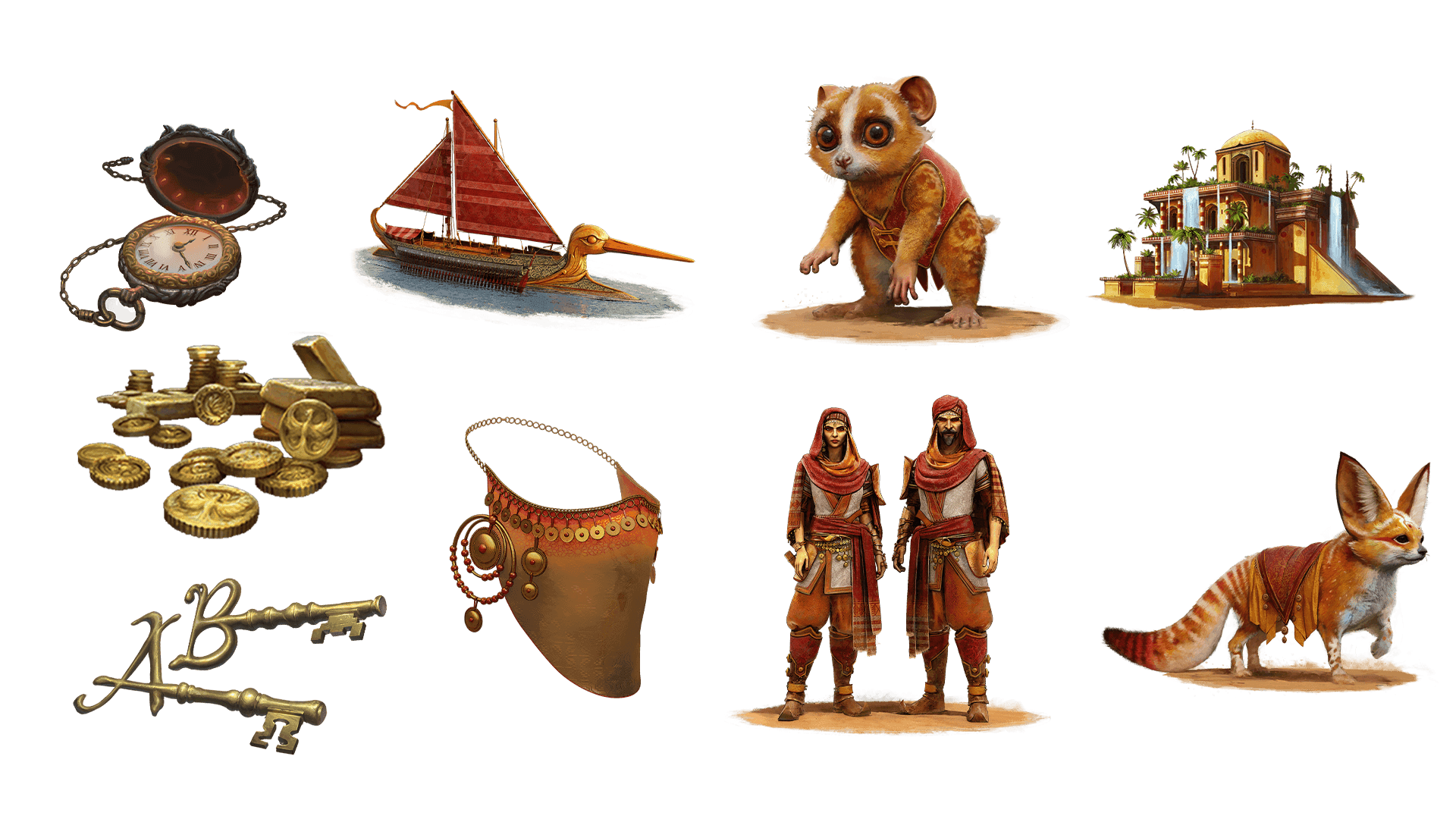 9 images of items included in the voyager plus pre-order package. A pocket watch for game time, a coin for embers, a key for game access, the accessory, the pet, mount, costume, caravan, and freehold