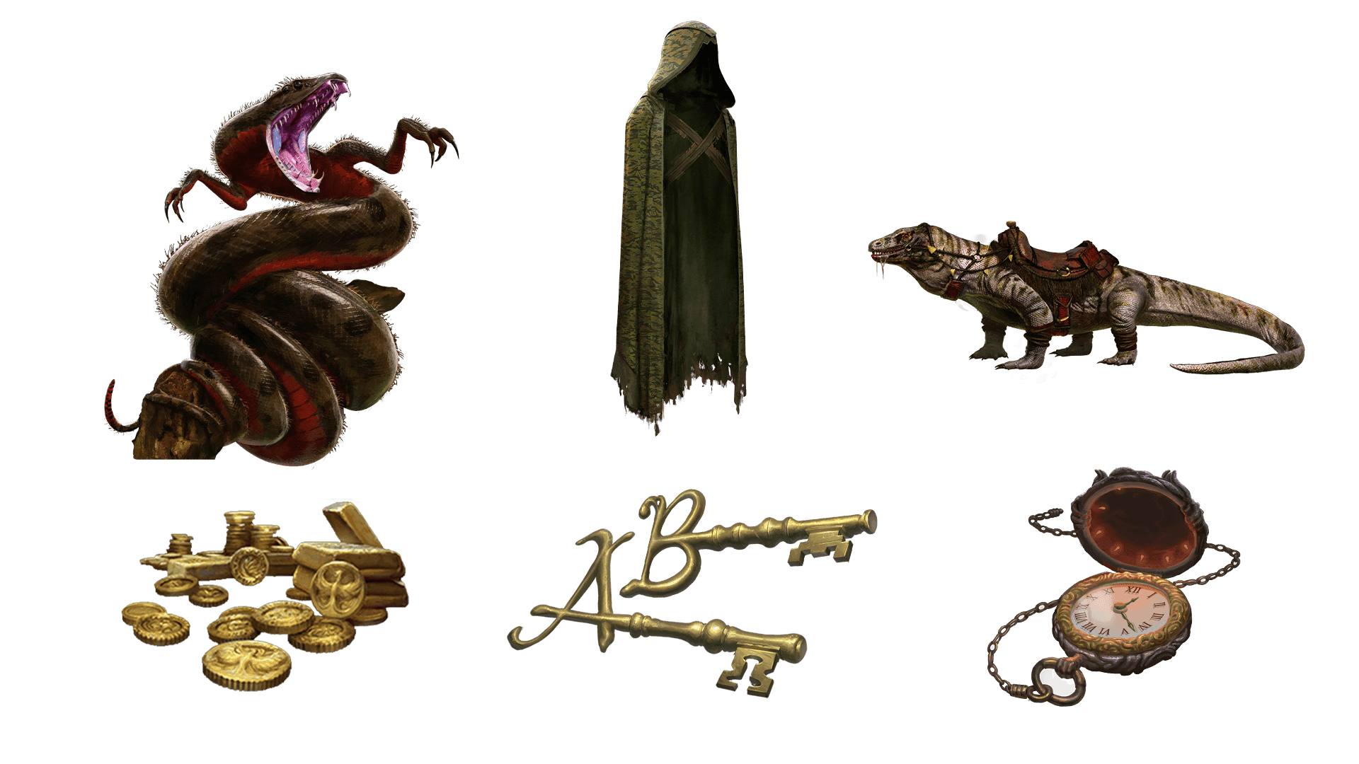 6 images of items included in the voyager pre-order package. A pocket watch for game time, a coin for embers, a key for game access, the accessory, the pet, and mount