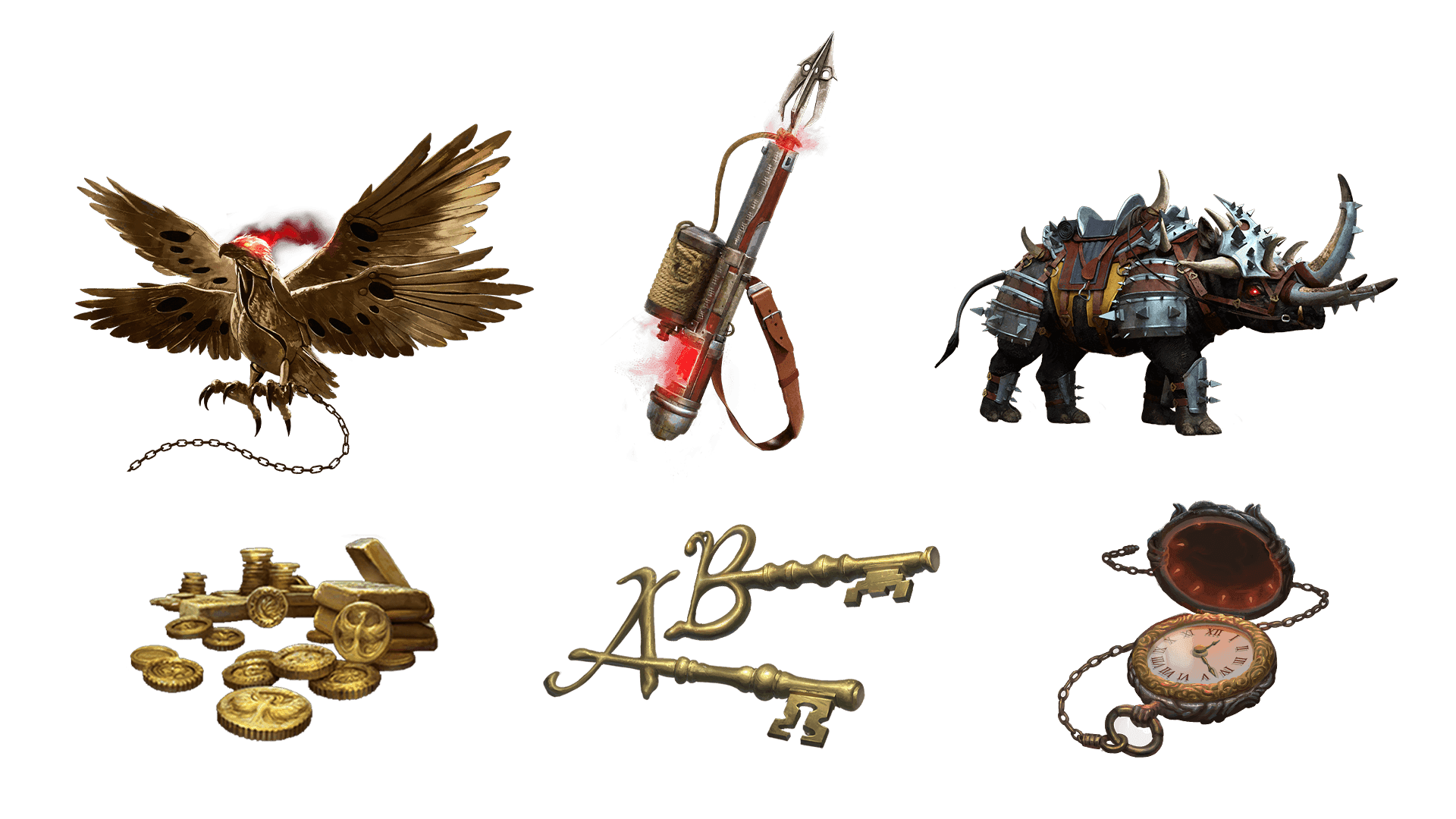 6 images of items included in the voyager pre-order package. A pocket watch for game time, a coin for embers, a key for game access, the accessory, the pet, and mount