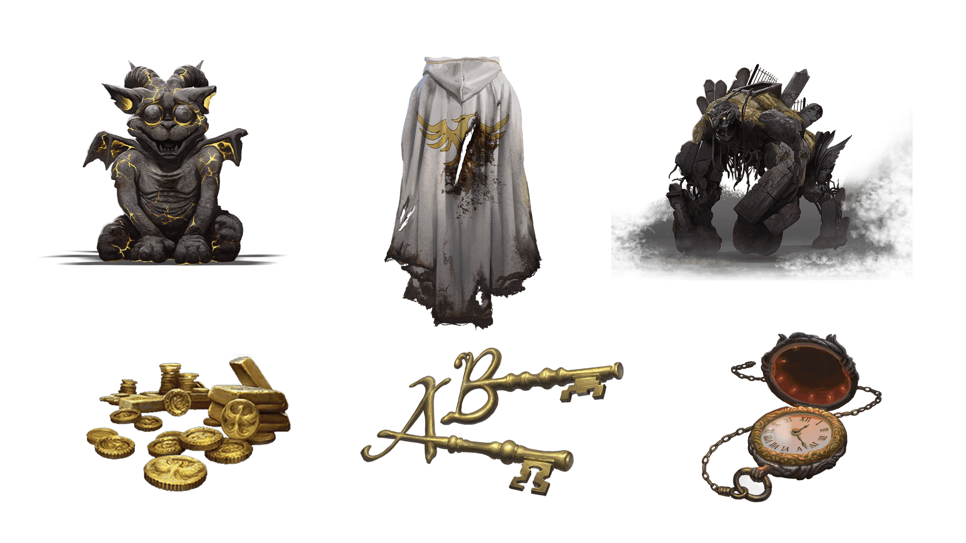 6 images of items included in the voyager pre-order package. A pocket watch for game time, a coin for embers, a key for game access, the accessory, the pet, and mount