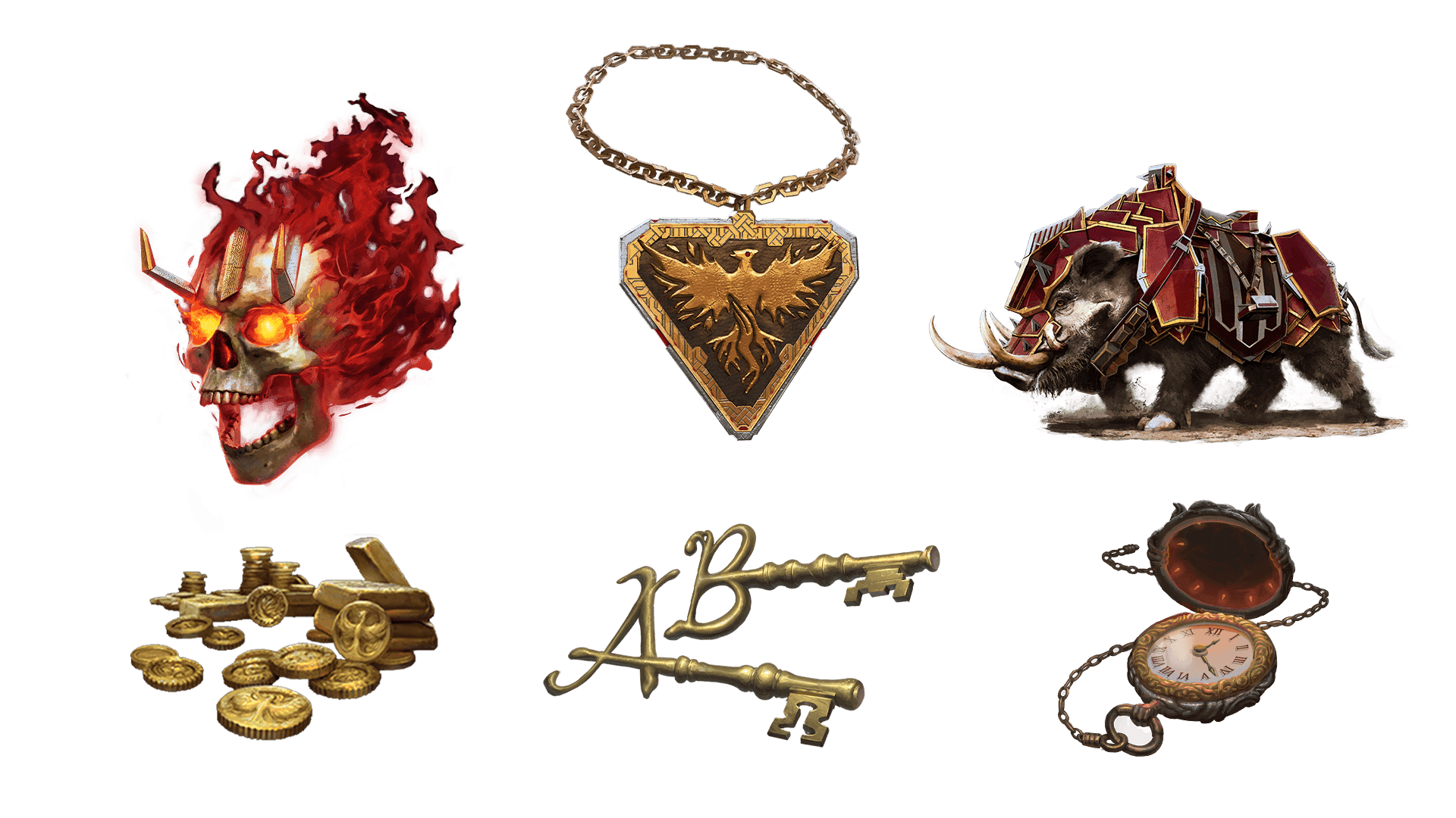 6 images of items included in the voyager pre-order package. A pocket watch for game time, a coin for embers, a key for game access, the accessory, the pet, and mount