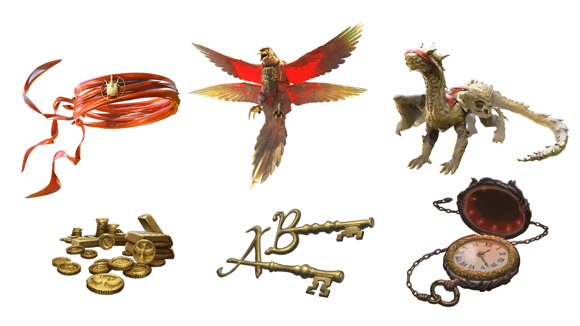 6 images of items included in the voyager pre-order package. A pocket watch for game time, a coin for embers, a key for game access, the accessory, the pet, and mount