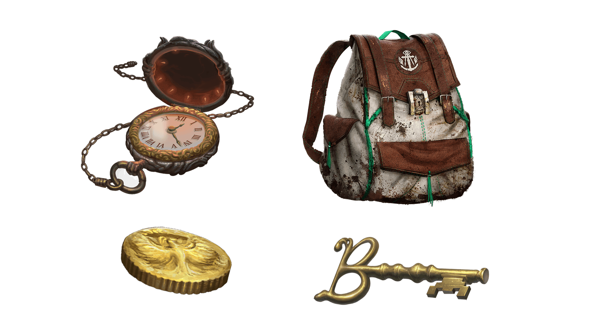 4 images of items included in the wayfarer pre-order package. A pocket watch for game time, a coin for embers, a key for game access, and the accessory