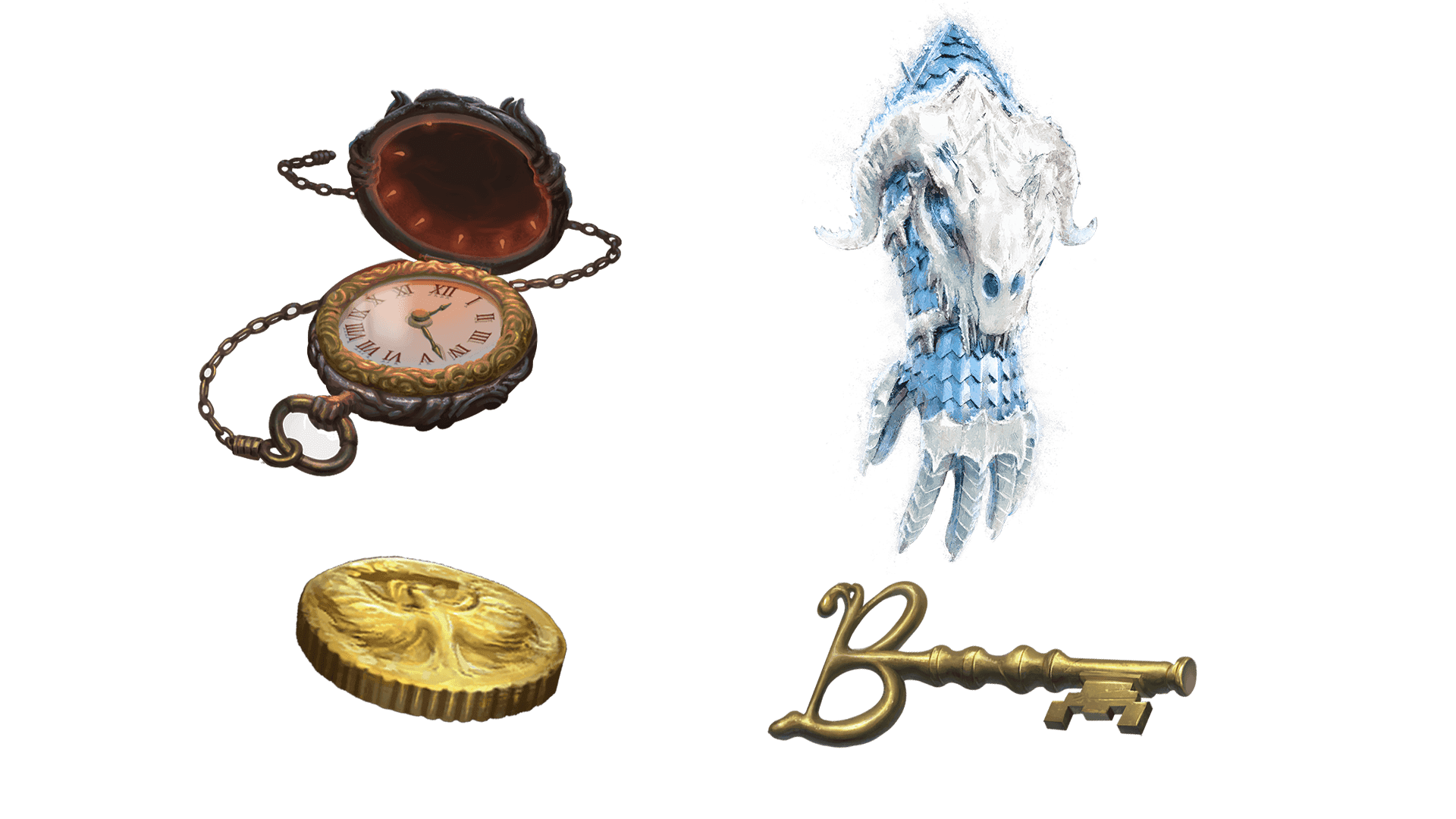 4 images of items included in the wayfarer pre-order package. A pocket watch for game time, a coin for embers, a key for game access, and the accessory