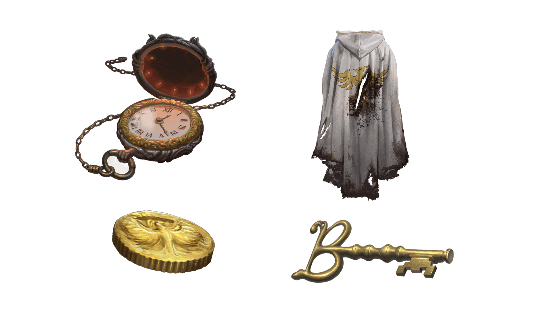 4 images of items included in the wayfarer pre-order package. A pocket watch for game time, a coin for embers, a key for game access, and the accessory
