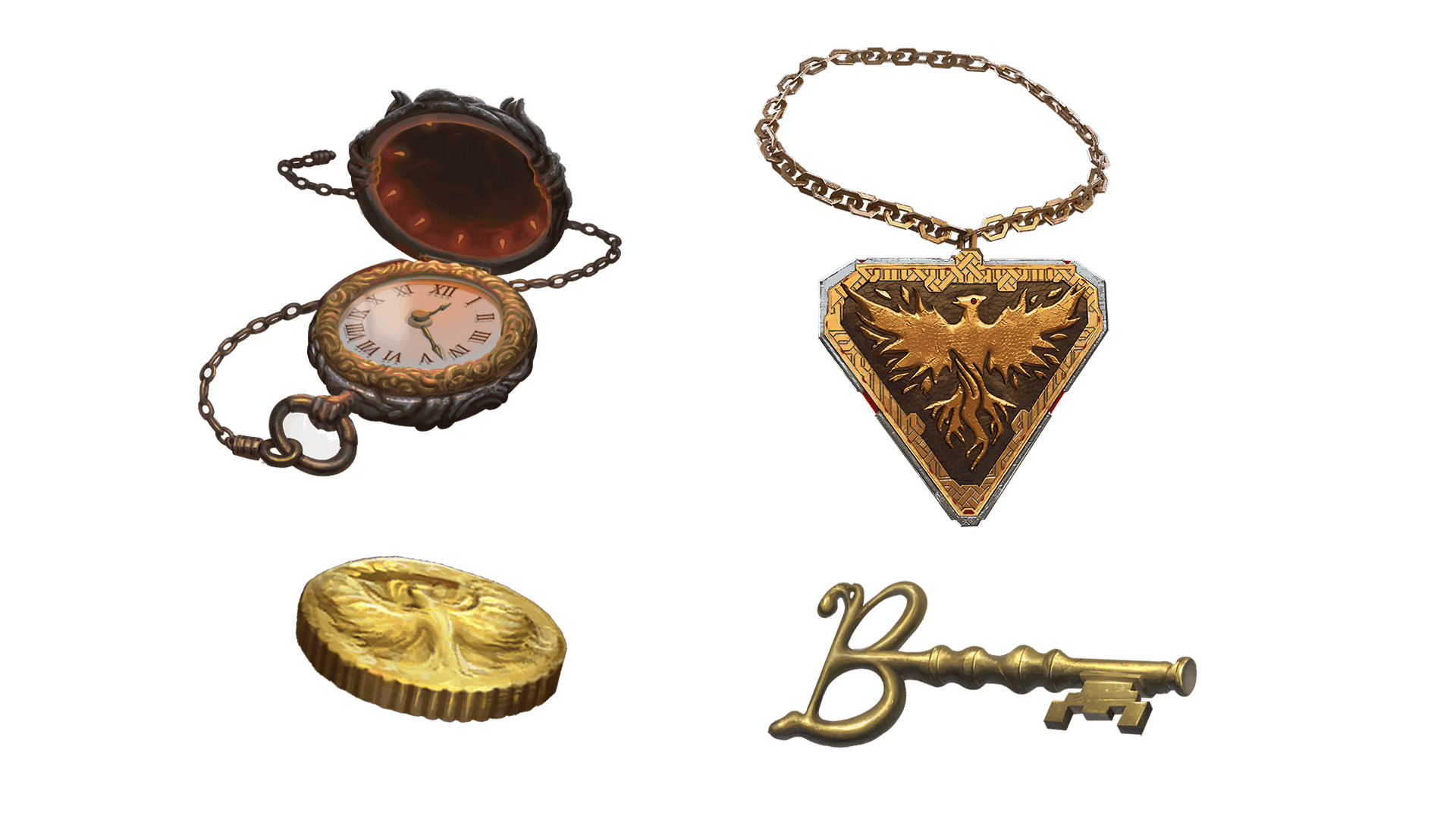 4 images of items included in the wayfarer pre-order package. A pocket watch for game time, a coin for embers, a key for game access, and the accessory