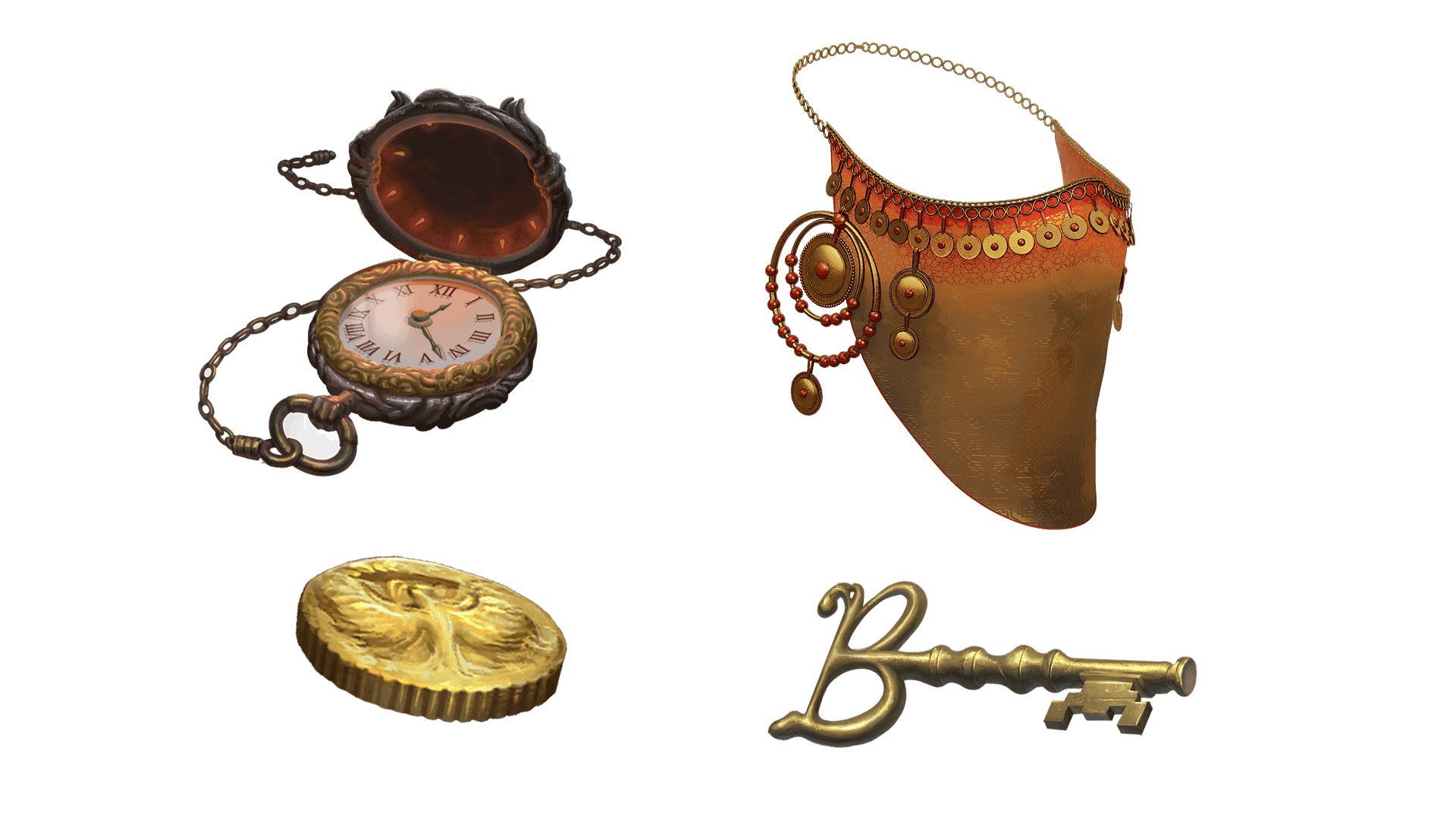 4 images of items included in the wayfarer pre-order package. A pocket watch for game time, a coin for embers, a key for game access, and the accessory