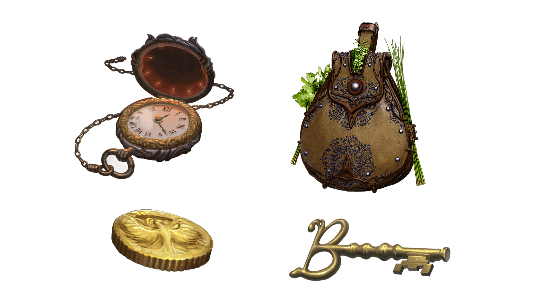 4 images of items included in the wayfarer pre-order package. A pocket watch for game time, a coin for embers, a key for game access, and the accessory