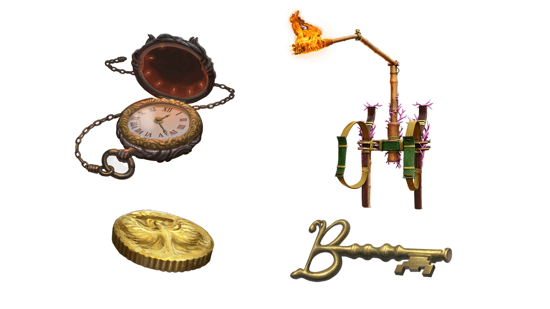 4 images of items included in the wayfarer pre-order package. A pocket watch for game time, a coin for embers, a key for game access, and the accessory