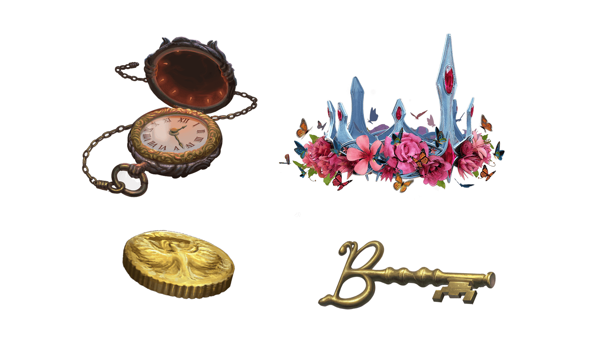 4 images of items included in the wayfarer pre-order package. A pocket watch for game time, a coin for embers, a key for game access, and the accessory