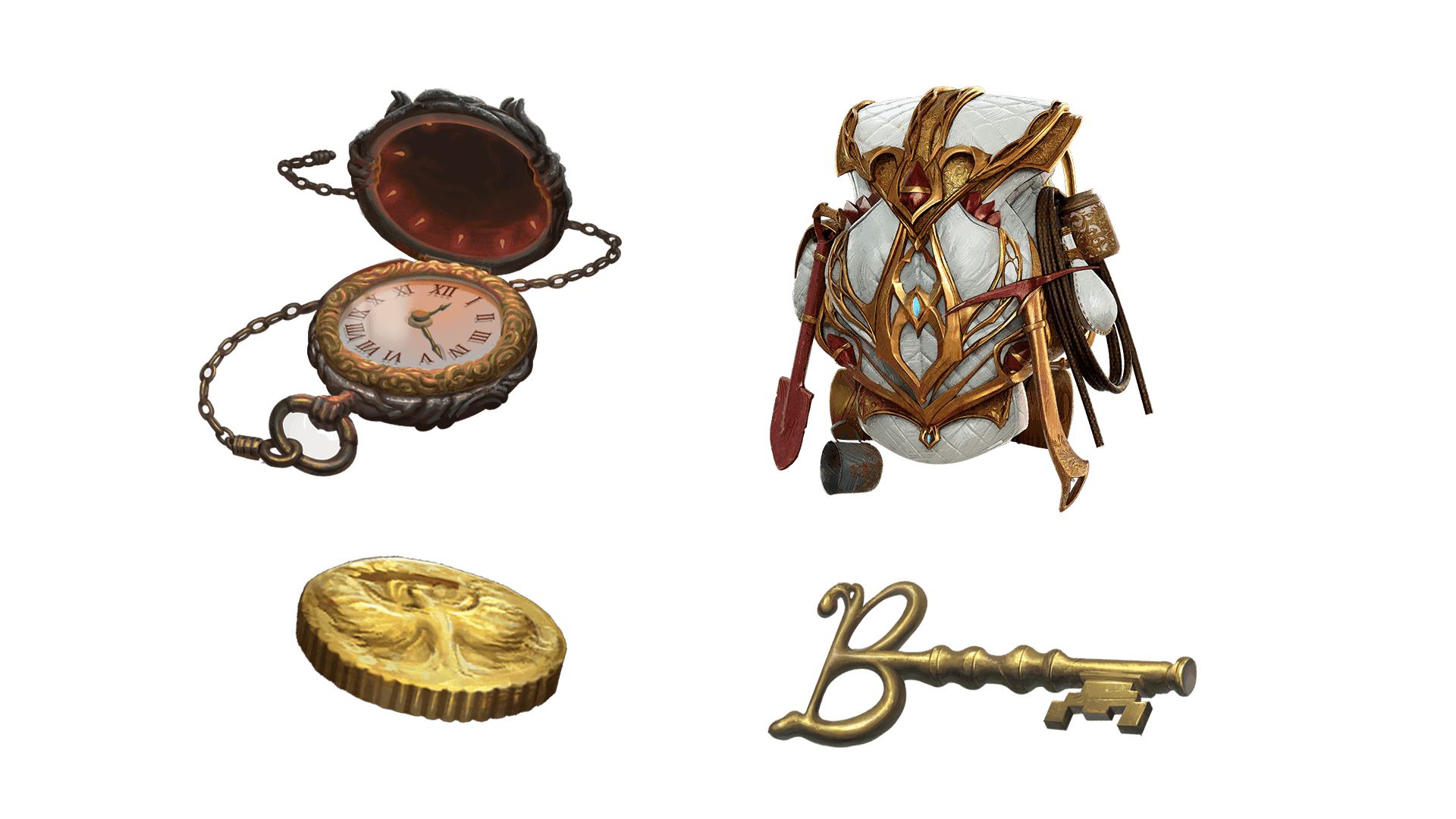 4 images of items included in the wayfarer pre-order package. A pocket watch for game time, a coin for embers, a key for game access, and the accessory