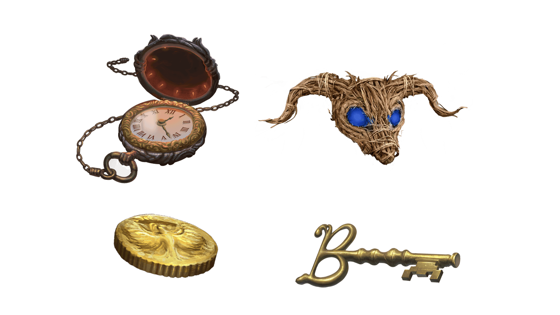 4 images of items included in the wayfarer pre-order package. A pocket watch for game time, a coin for embers, a key for game access, and the accessory