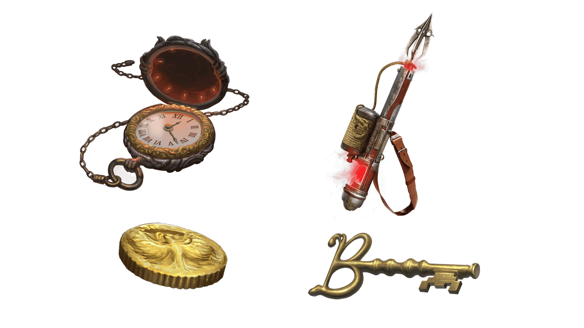4 images of items included in the wayfarer pre-order package. A pocket watch for game time, a coin for embers, a key for game access, and the accessory