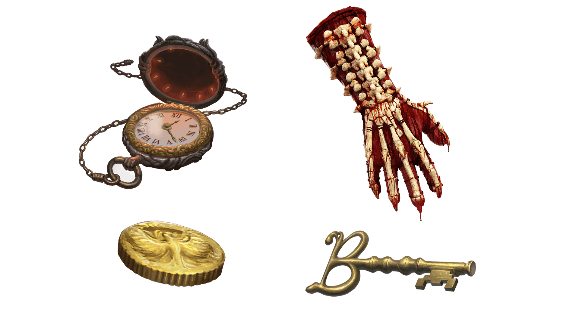 4 images of items included in the wayfarer pre-order package. A pocket watch for game time, a coin for embers, a key for game access, and the accessory