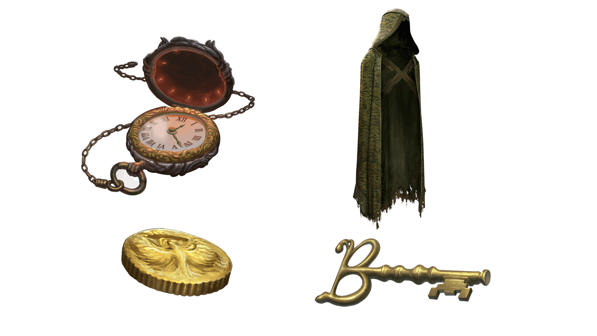 4 images of items included in the wayfarer pre-order package. A pocket watch for game time, a coin for embers, a key for game access, and the accessory
